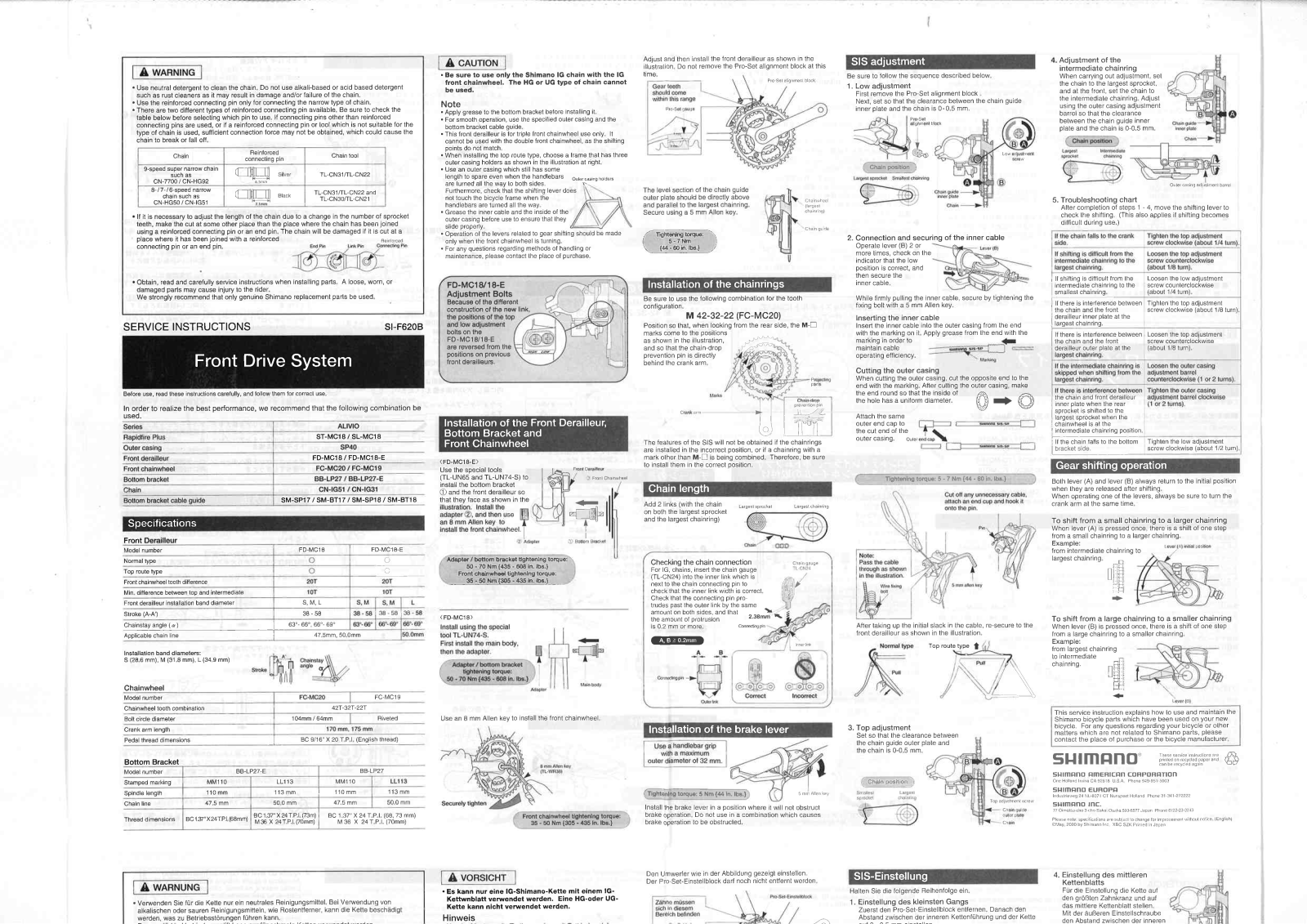 Shimano FC-MC19, FC-MC20, FD-MC18, FD-MC18-E, SL-MC18 Service Instructions - ManualMachine.com