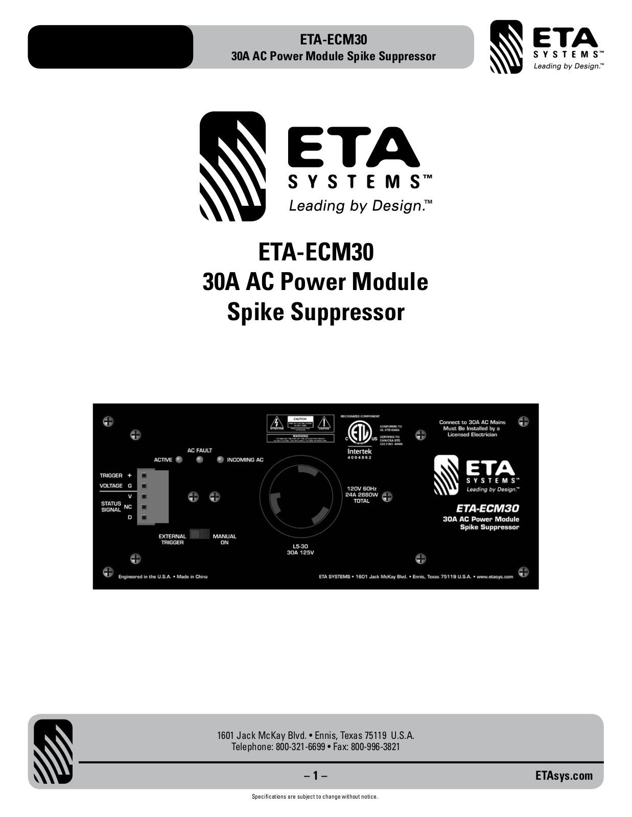 ETA Systems ETA-ECM30 User Manual