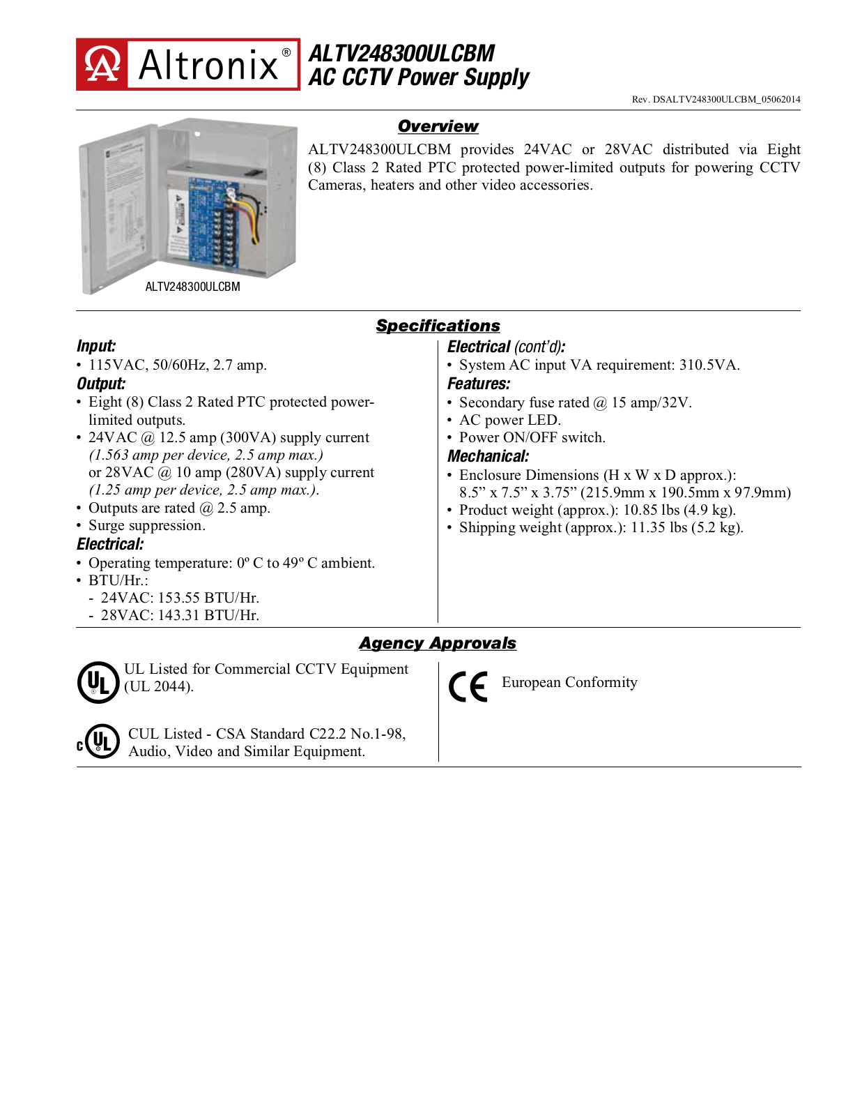 Altronix ALTV248300ULCBM Specsheet