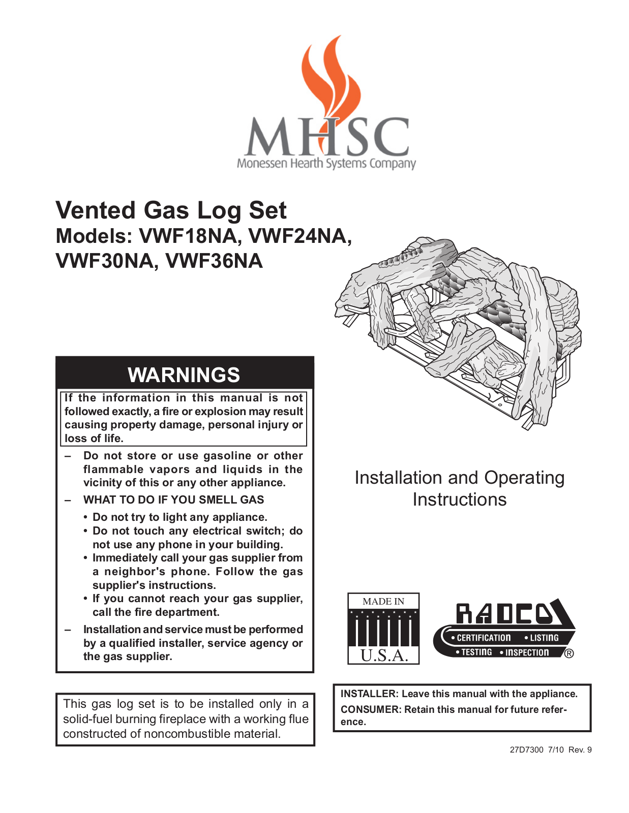 Majestic VWF30NA, VWF24NA, VWF18NA User Manual