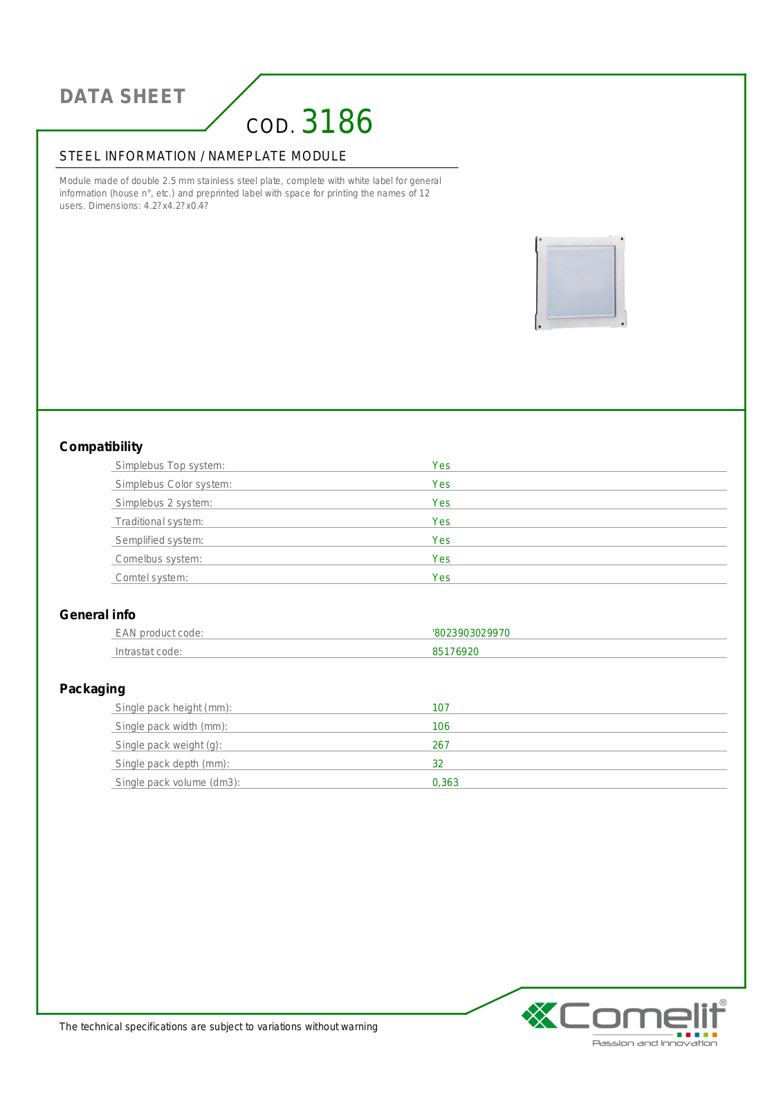 Comelit 3186 Specsheet