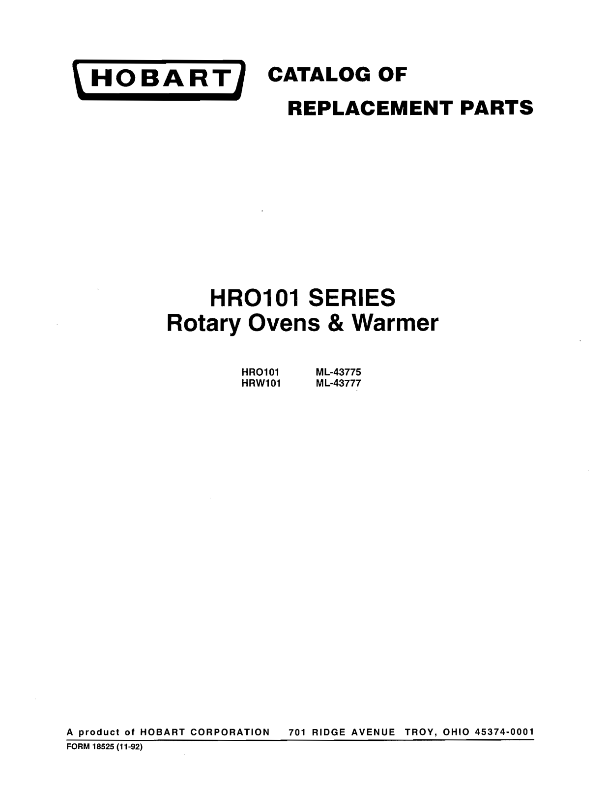 Hobart Food Machines HRO101 Parts List