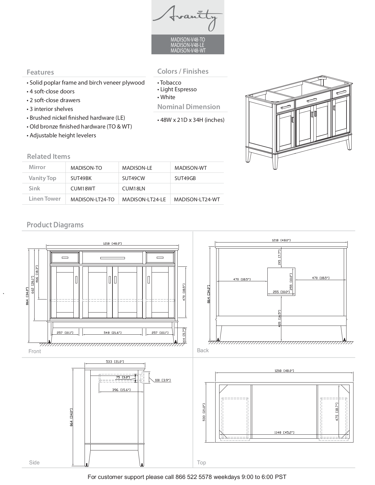 Avanity MADISONVS48WTC, MADISONVS48WTA Specifications