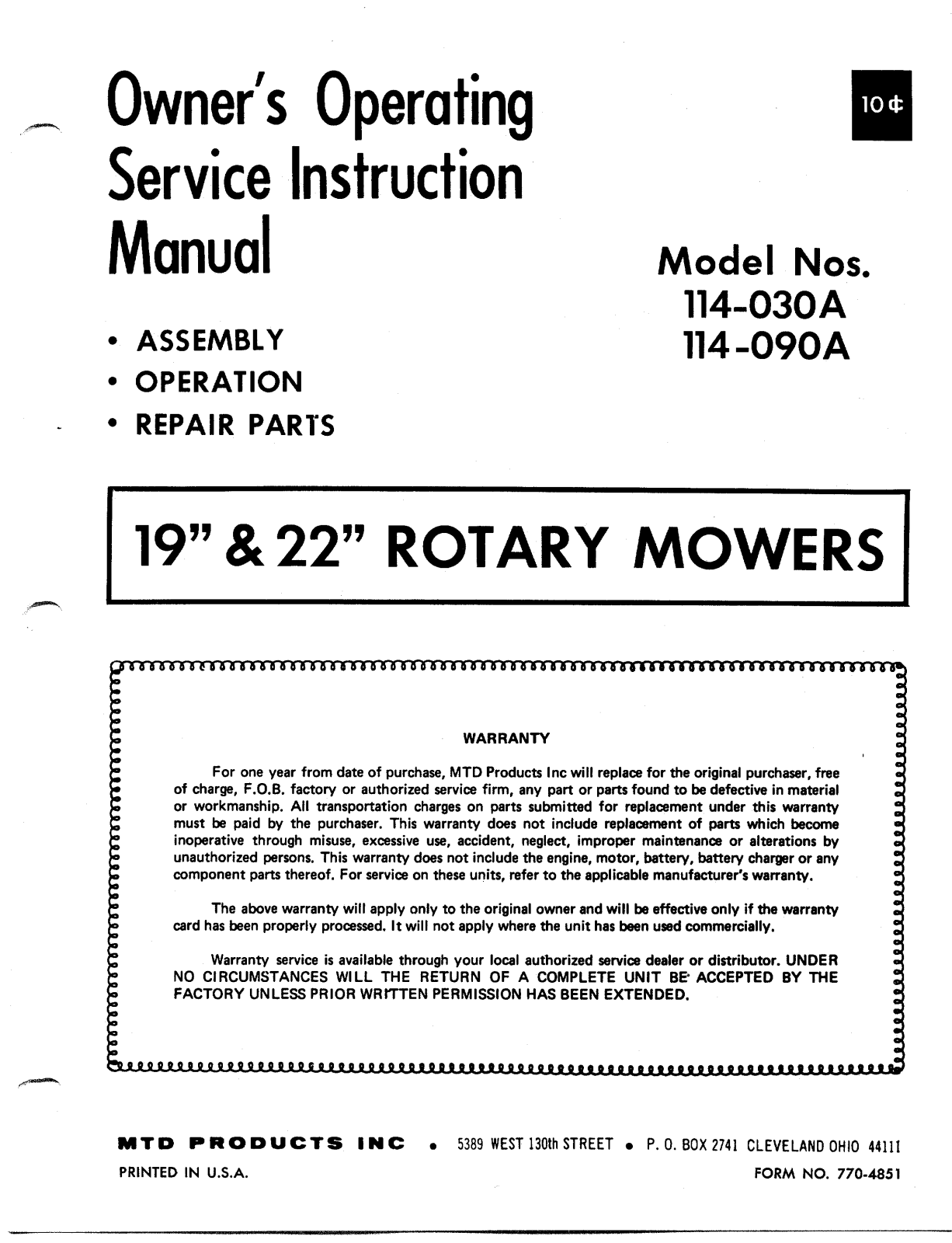 Bolens 114-090A, 114-030A User Manual