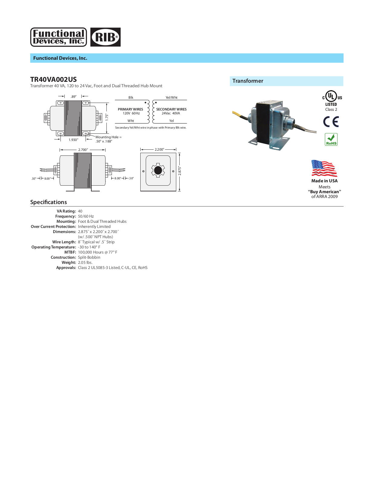 Johnson Controls TR40VA002US Data Sheet