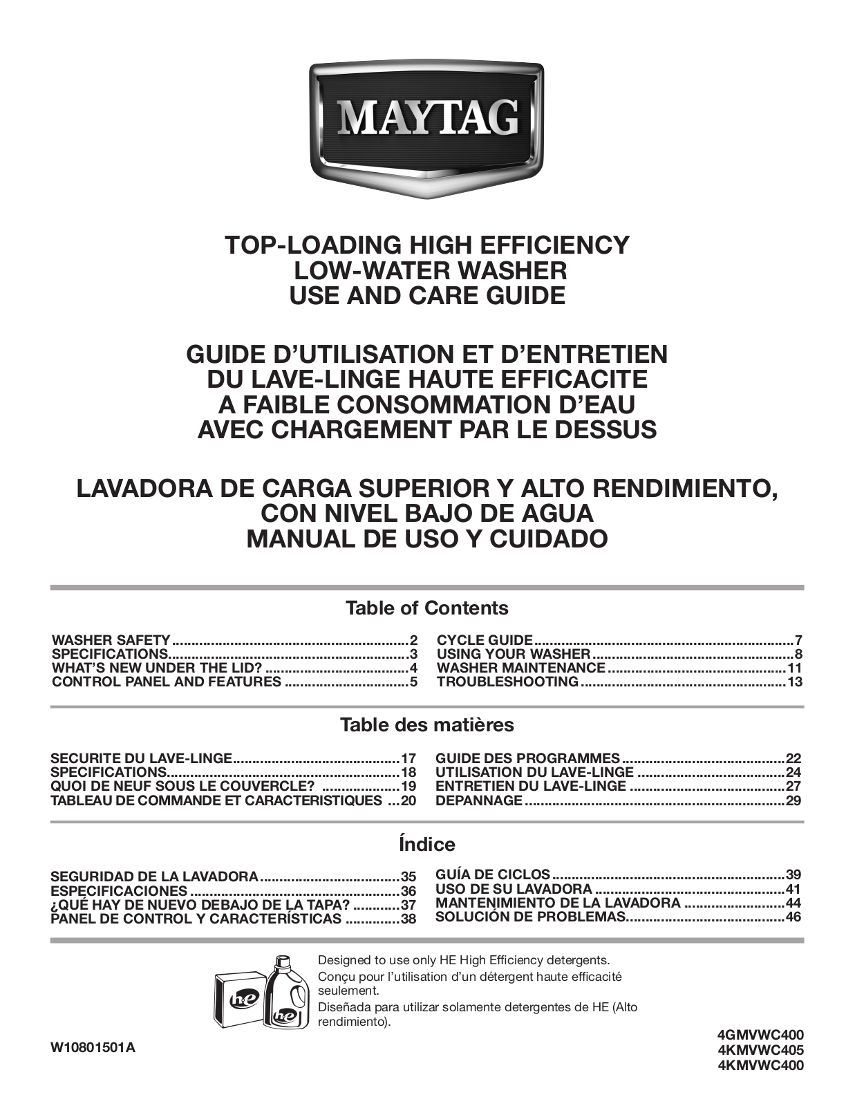 Maytag 4GMVWC400, 4KMVWC405, 4KMVWC400 Use & Care Guide