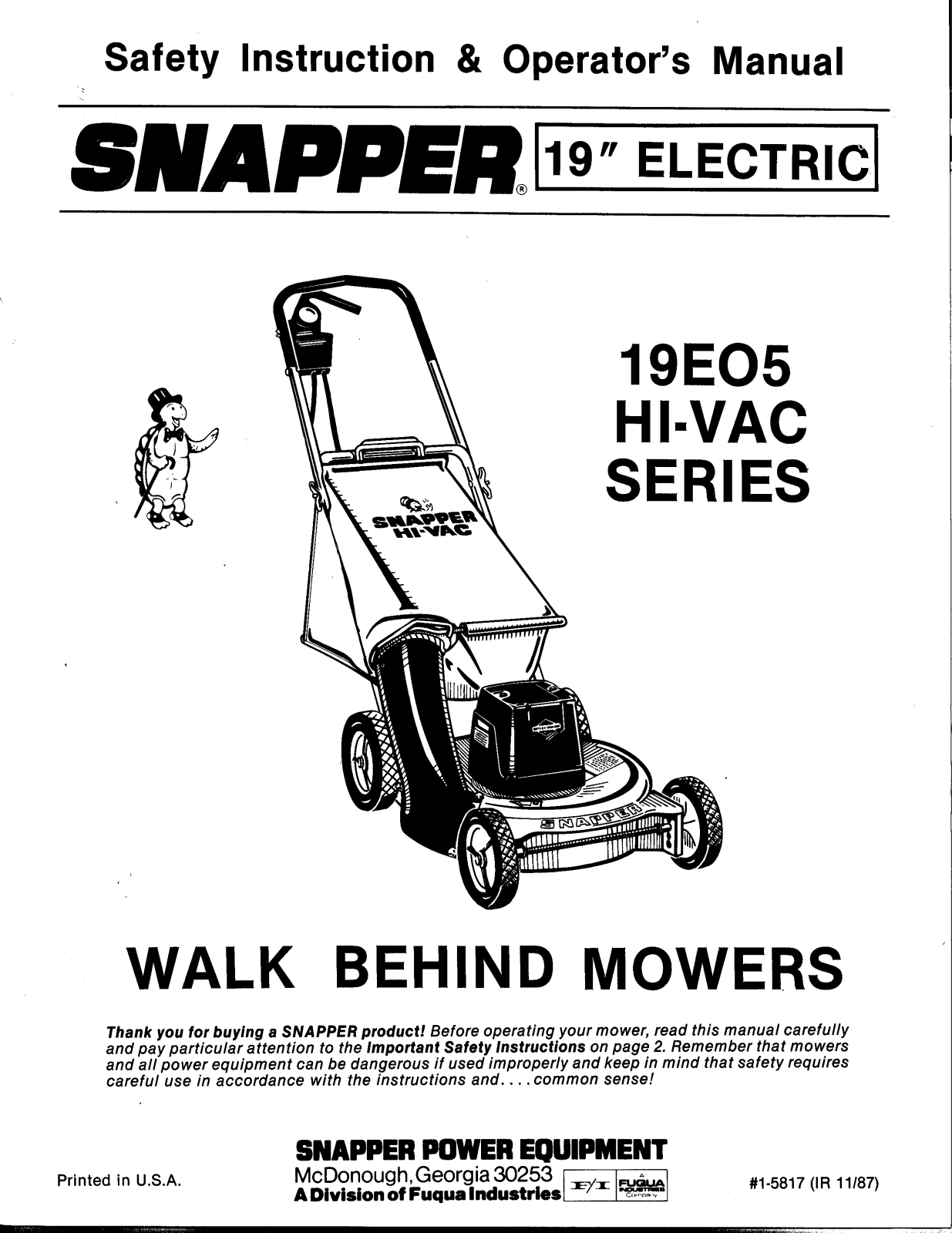 Snapper 19EO5 HI-VAC User Manual