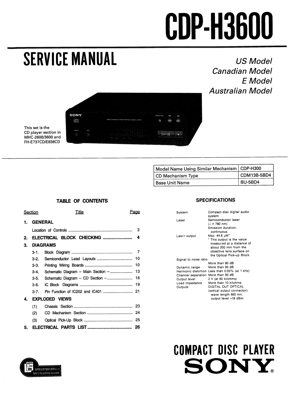 Sony CDP-H3600 SERVICE MANUAL