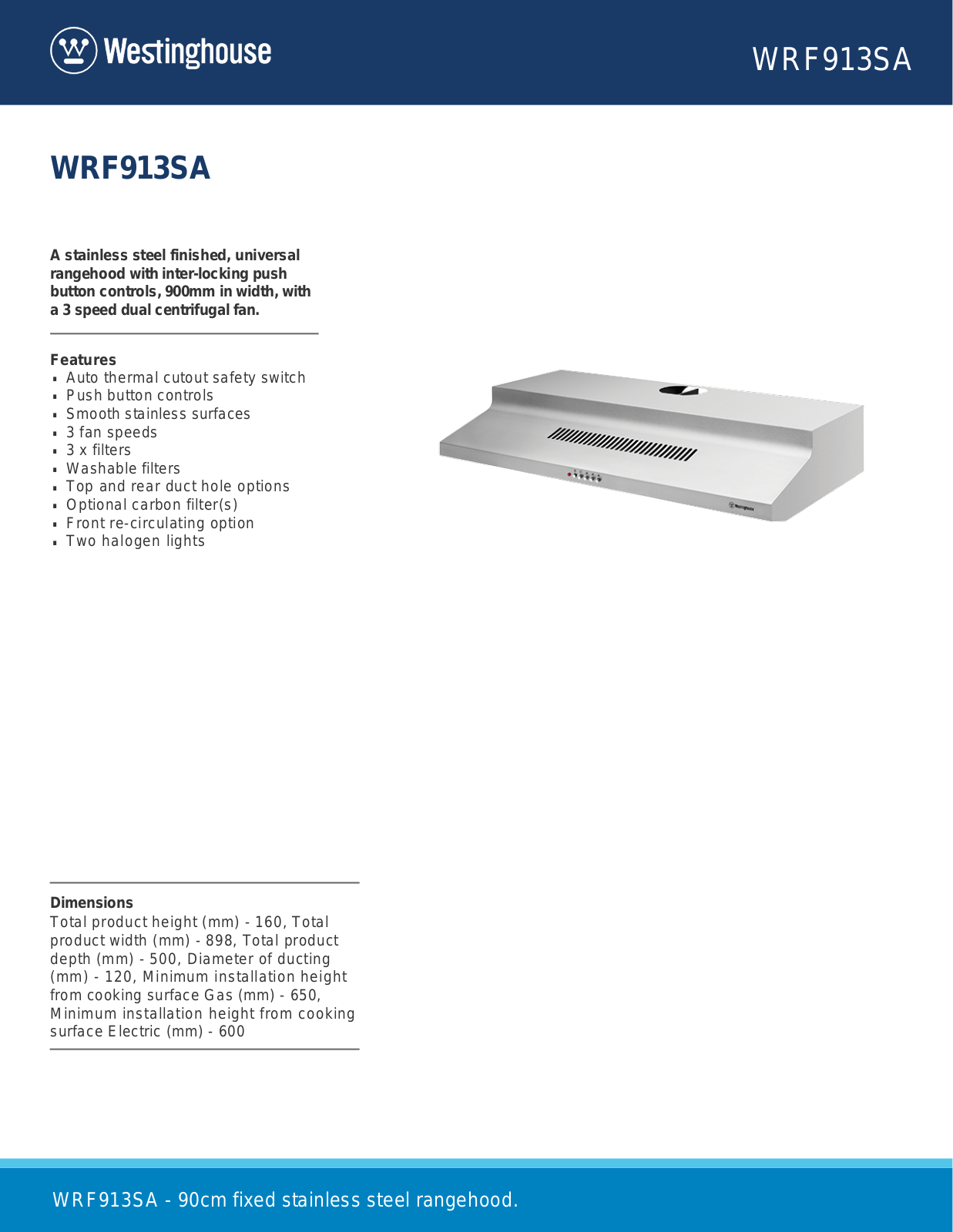 Westinghouse WRF913SA Specifications Sheet