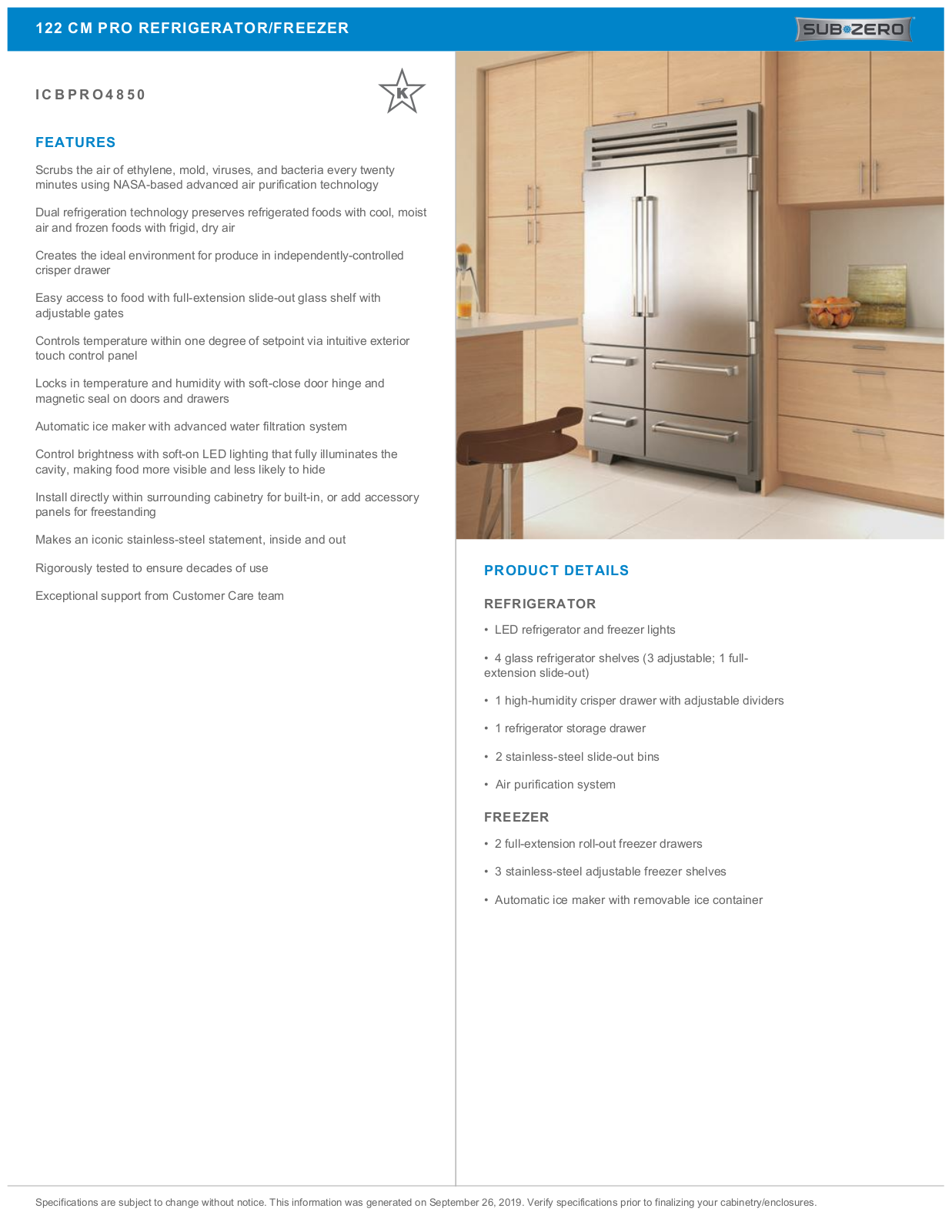 Sub-Zero ICBPRO4850 Specifications Sheet