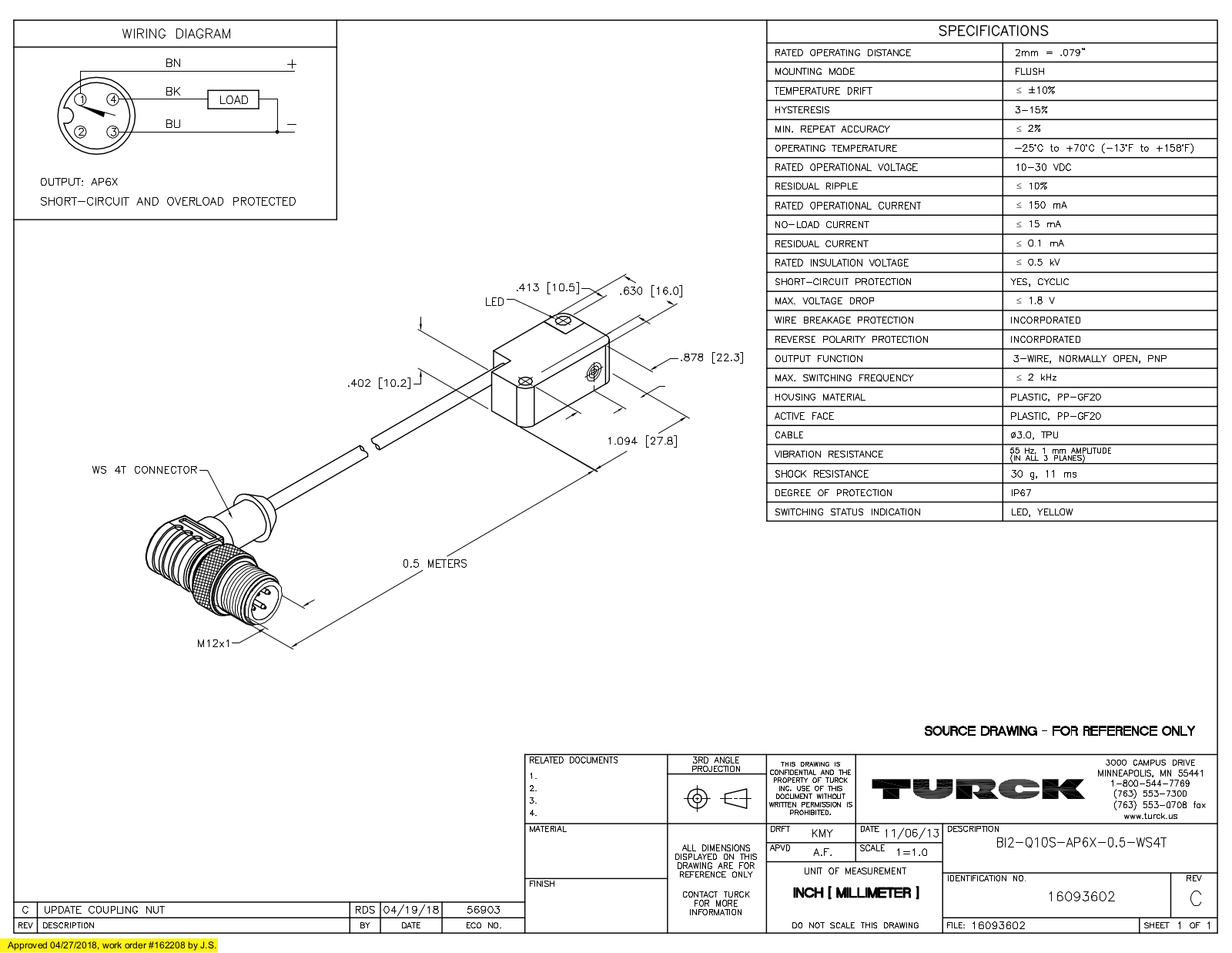 Turck BI2-Q10S-AP6X-0.5-WS4T Data Sheet