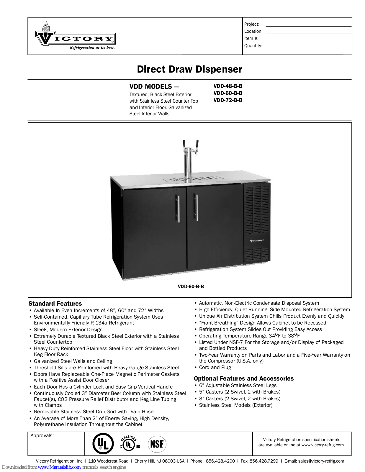 Victory VDD-48-B-B, VDD-60-B-B, VDD-72-B-B Specifications