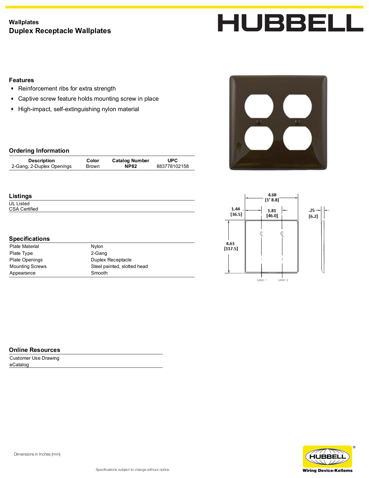 Hubbell NP82 Specifications