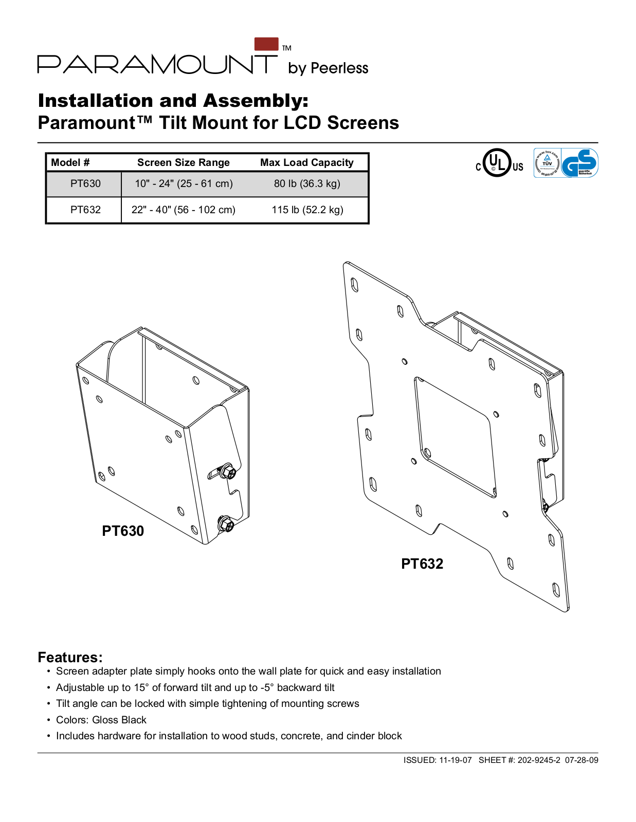 Peerless Industries PT632, PT630 User Manual