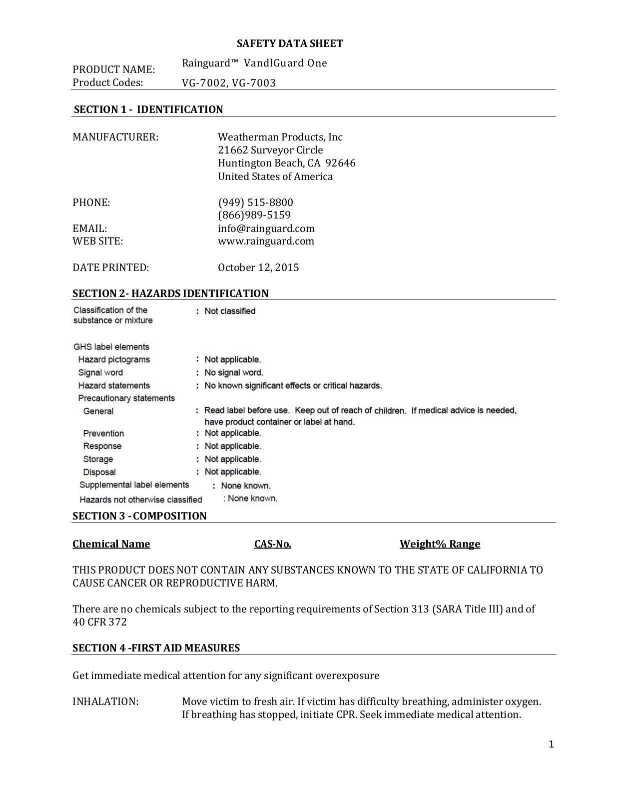 Rainguard International VG-7002 User Manual