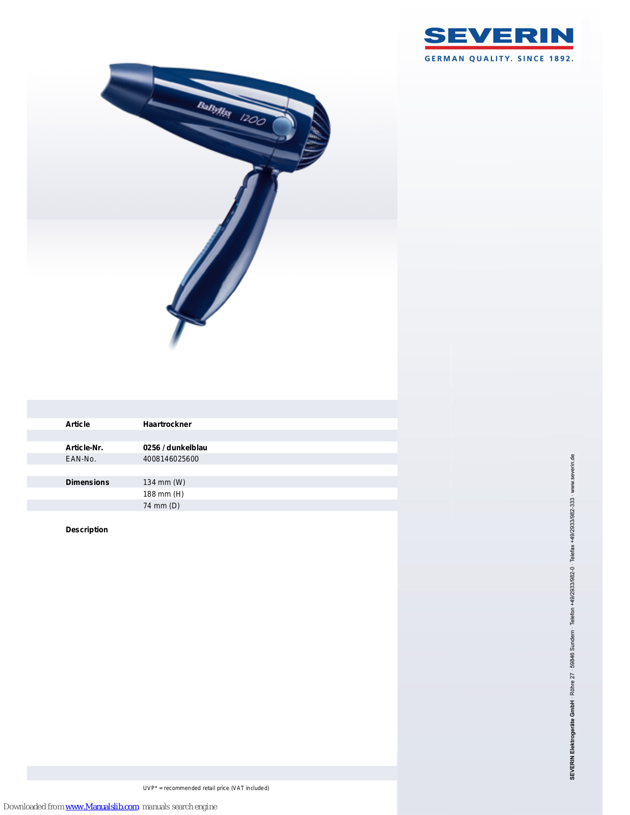SEVERIN 256 Dimensions - ManualMachine.com