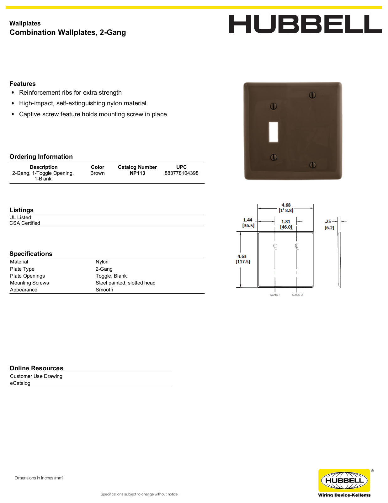 Hubbell NP113 Specifications