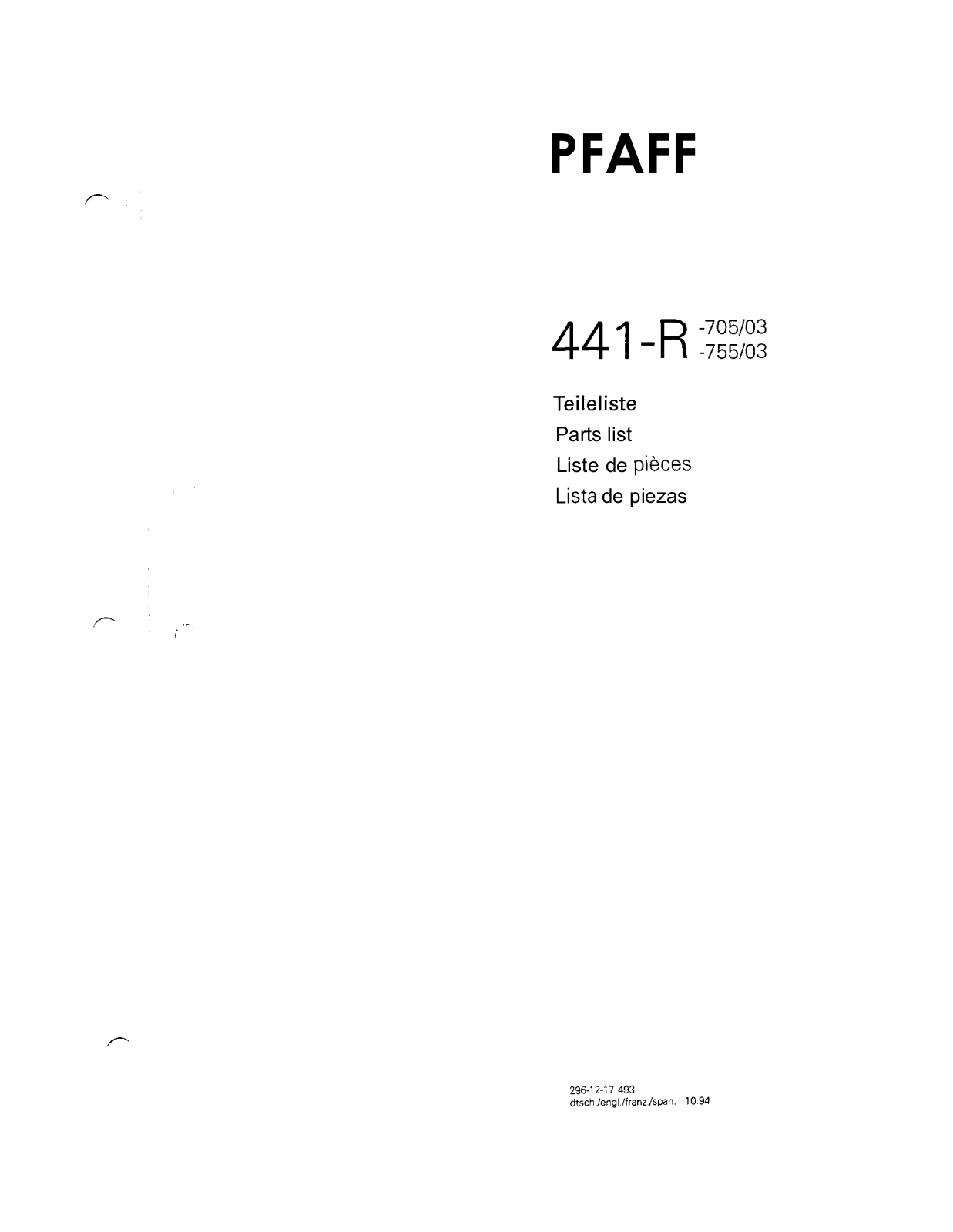 Pfaff 441-R-705/03, 441-R-755/03 Parts List