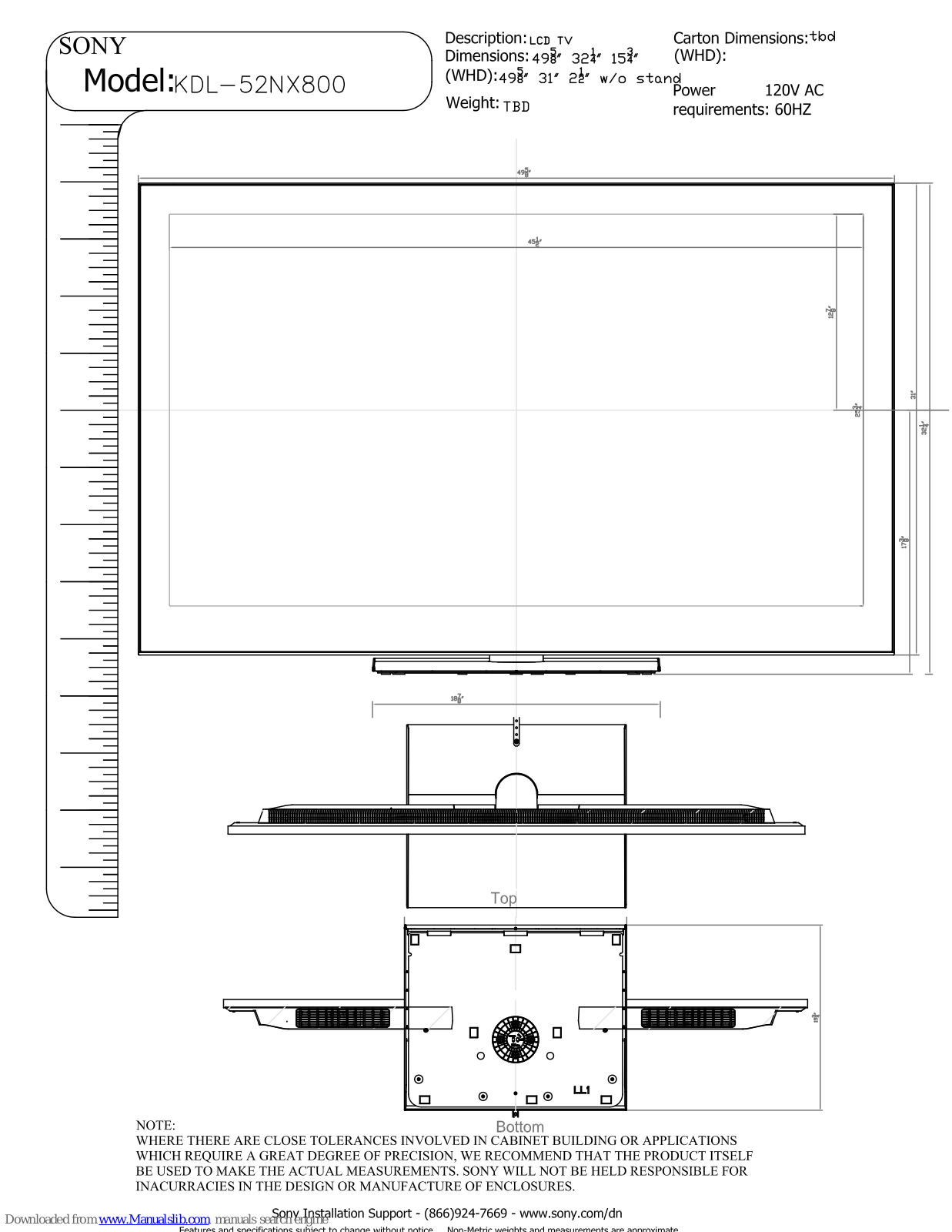 Sony KDL-52NX800 - Bravia Nx Series Lcd Television Dimensions