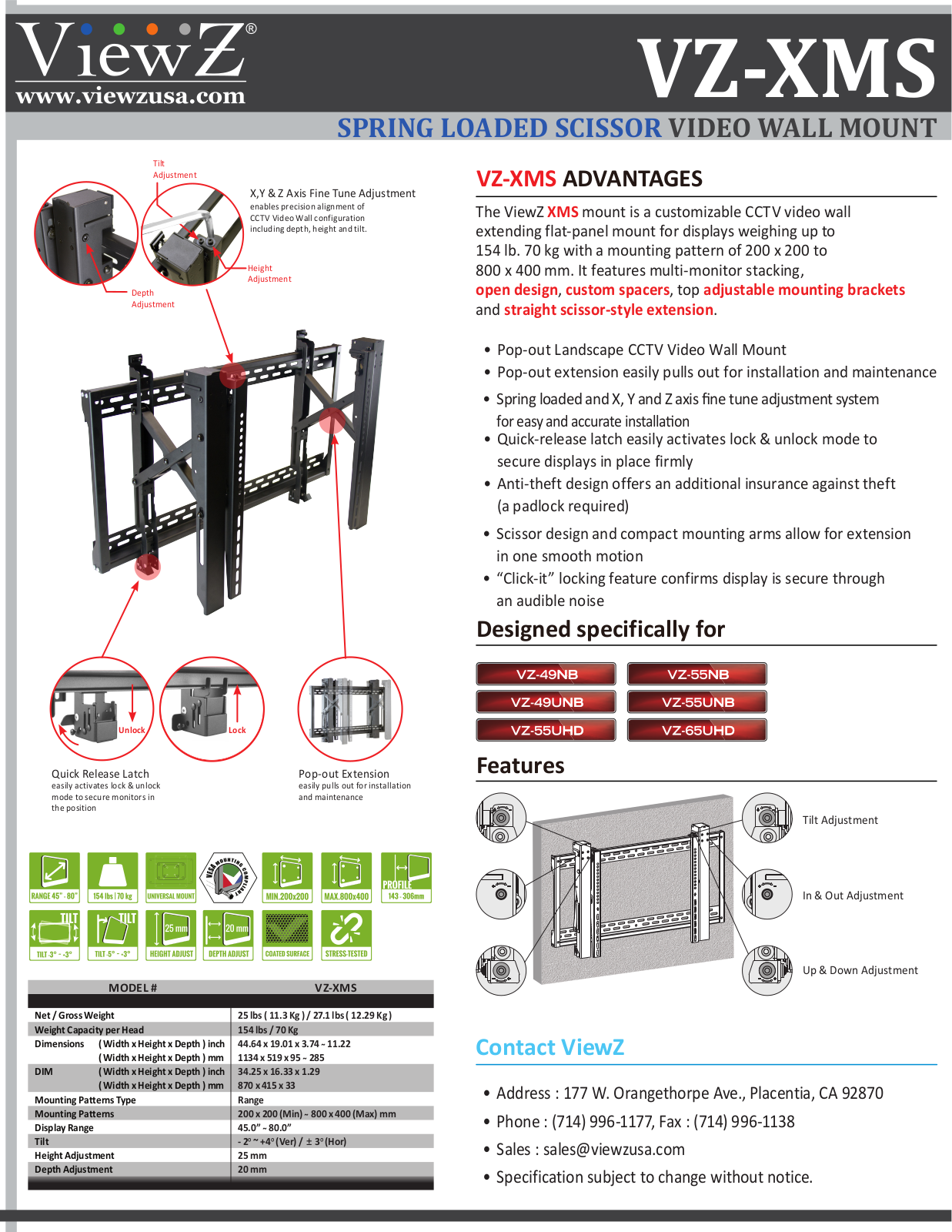 ViewZ VZ-XMS-SP49, VZ-XMS-SP55 Specsheet