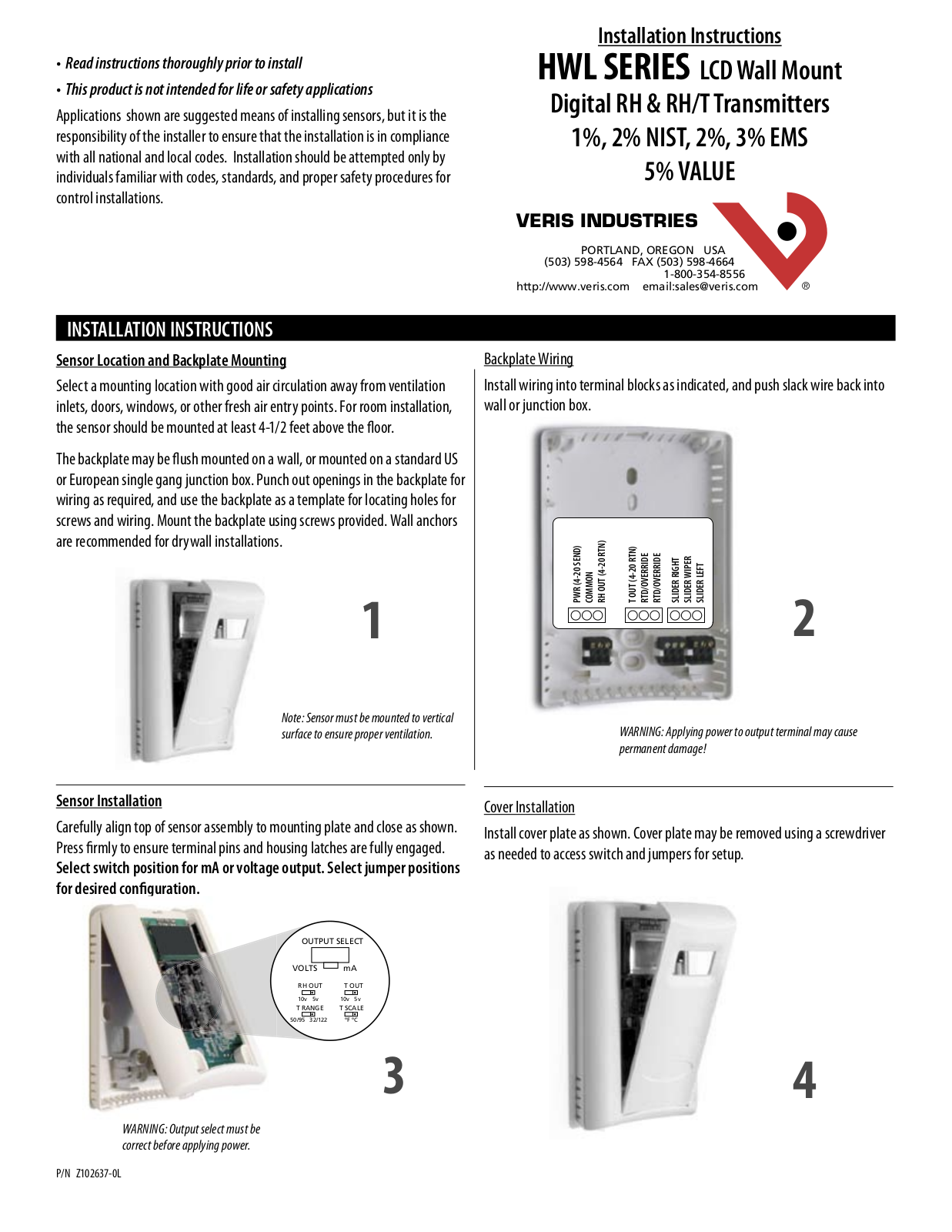 Veris Industries HWL Series Installation Instructions Manual