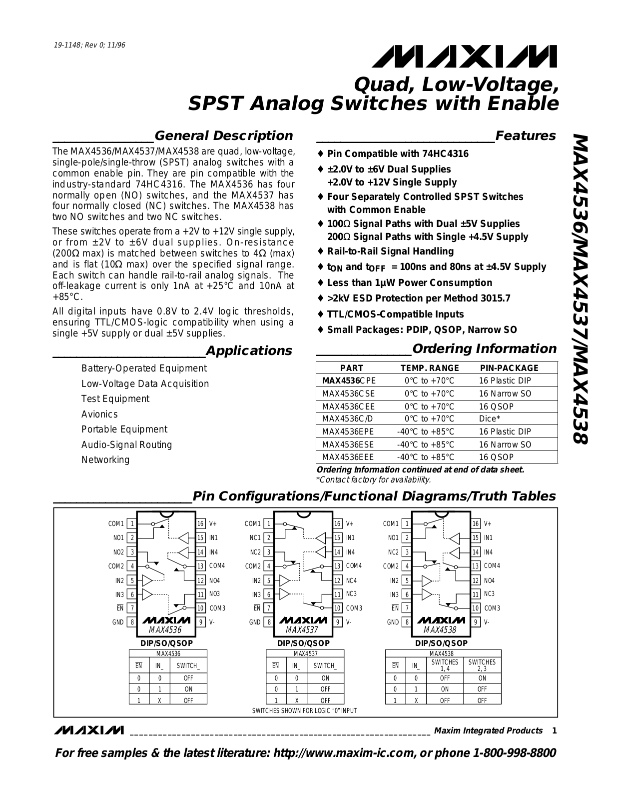 Maxim MAX4536C-D, MAX4537CSE, MAX4537C-D, MAX4536ESE, MAX4536EPE Datasheet