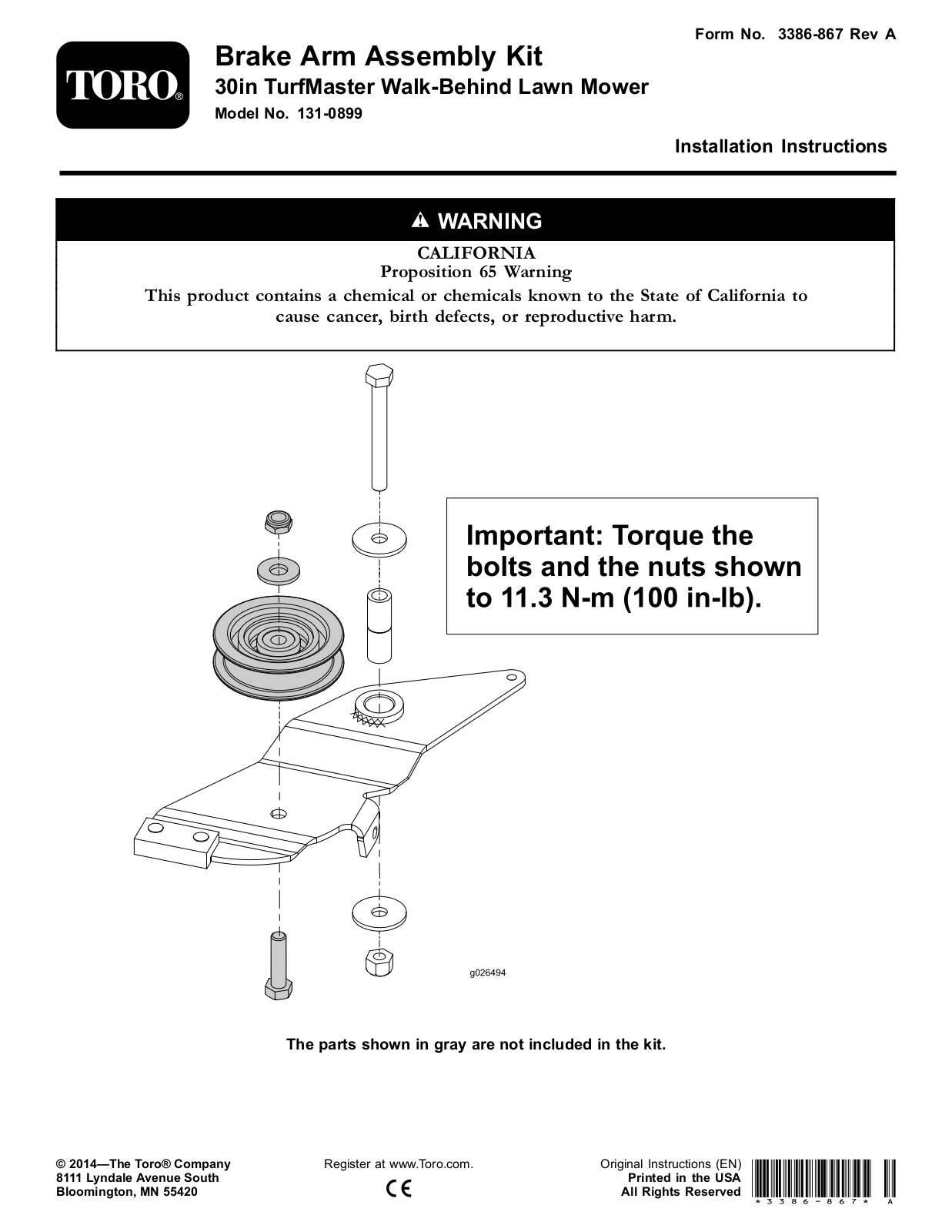 Toro 131-0899 Installation Instructions