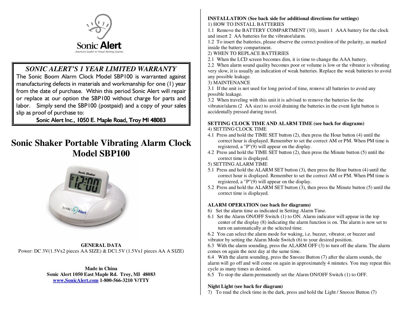 Sonic Alert SBP100 User Manual 2