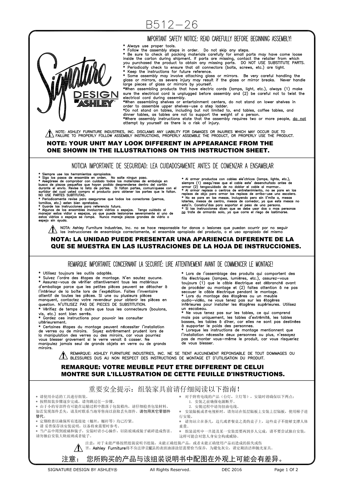 Ashley B51226 Assembly Guide