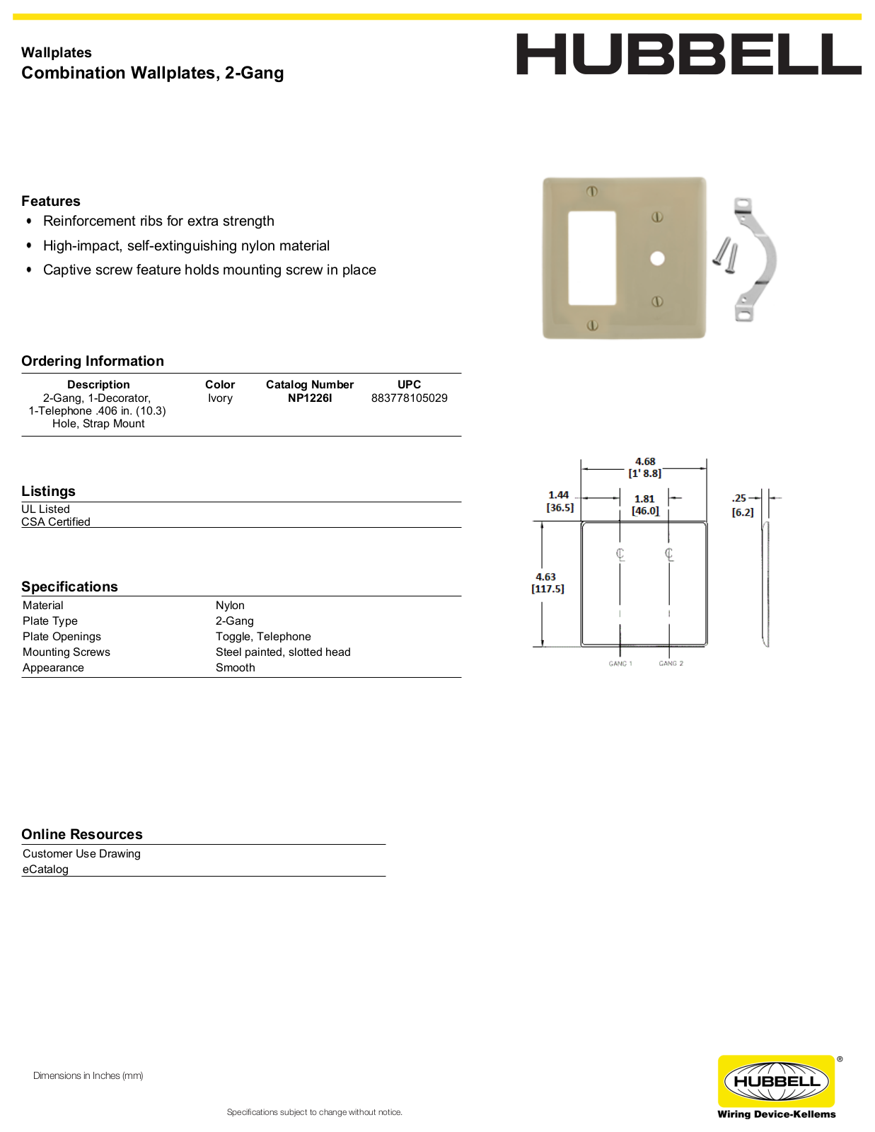 Hubbell NP1226I Specifications