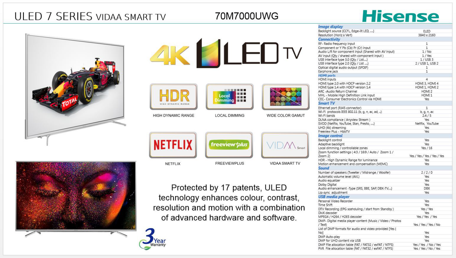 Hisense 70M7000UWG Specifications Sheet