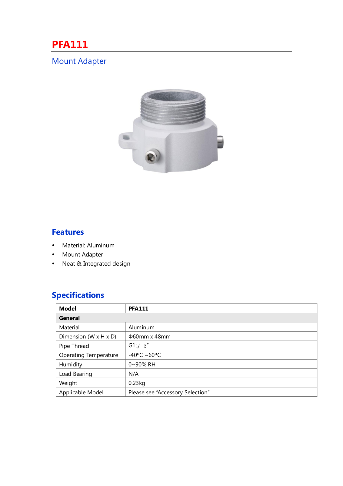 Cantek CT-W-PFA111 Specsheet