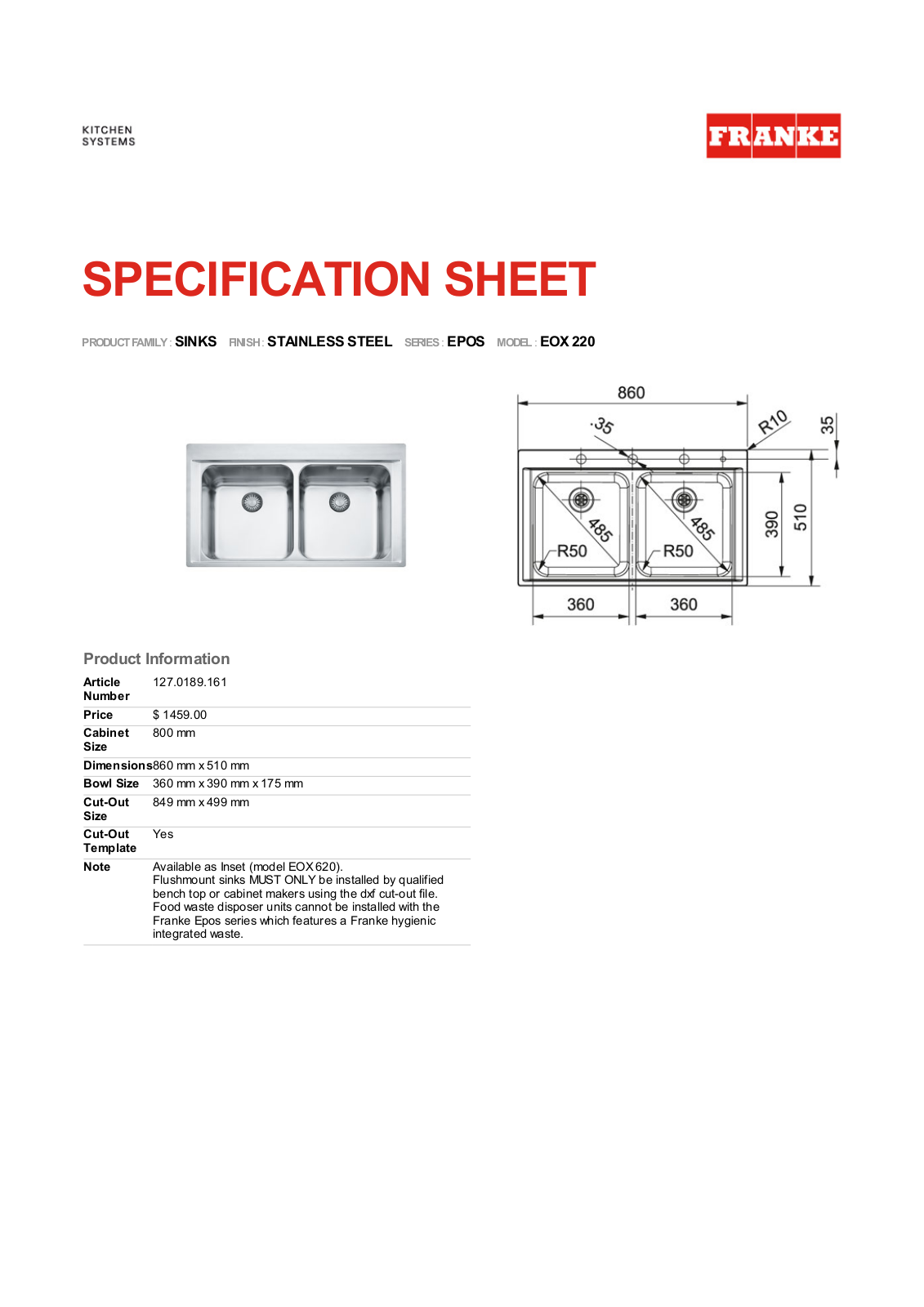 Franke Foodservice EOX 220 Specification