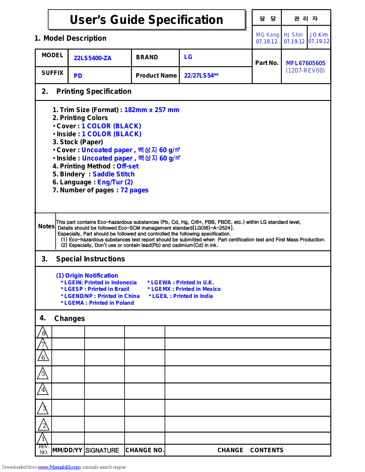 LG 22LS540T, 27LS540T, 27LS5400 User Manual