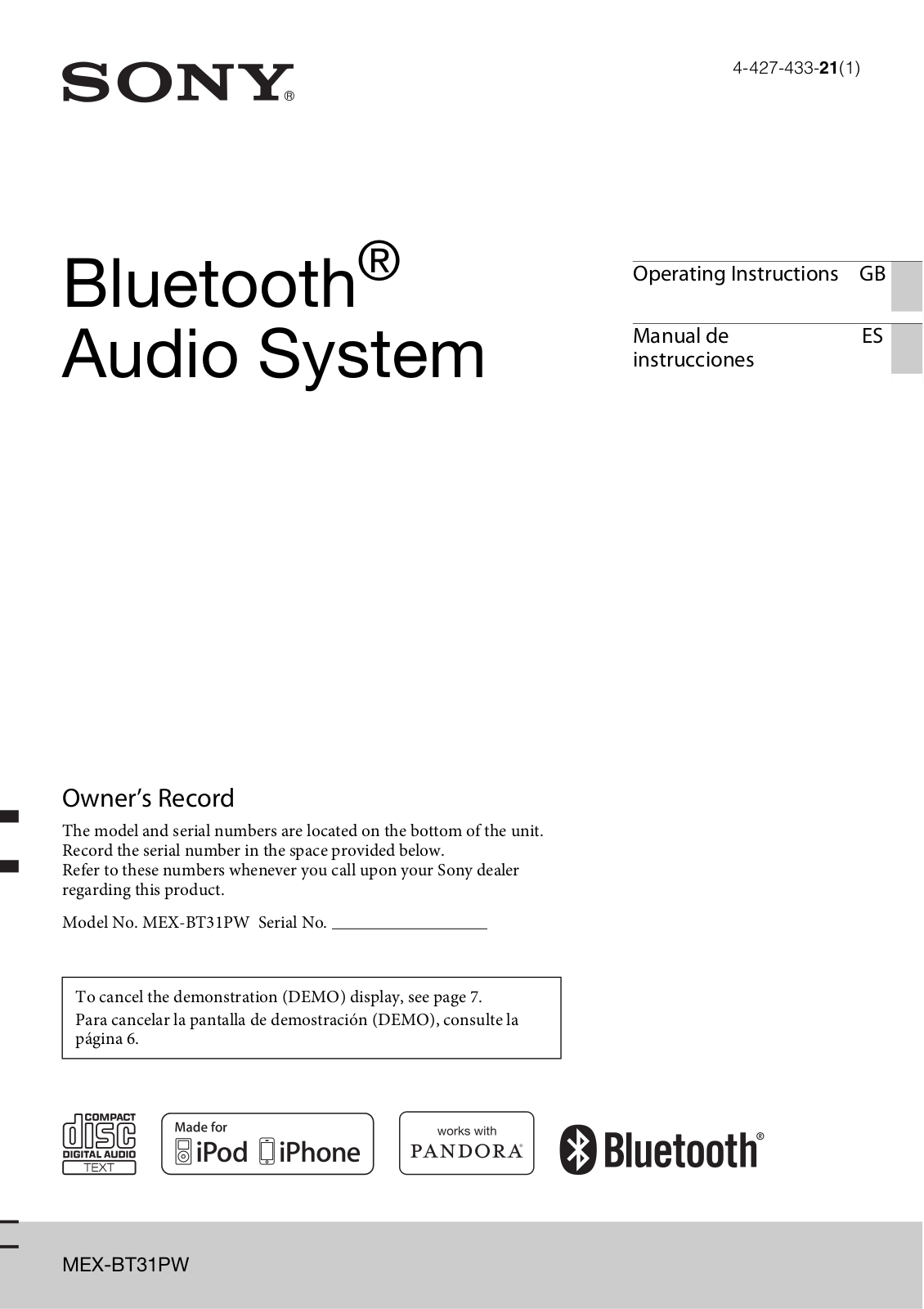 Sony MEX-BT31PW Operating Instruction