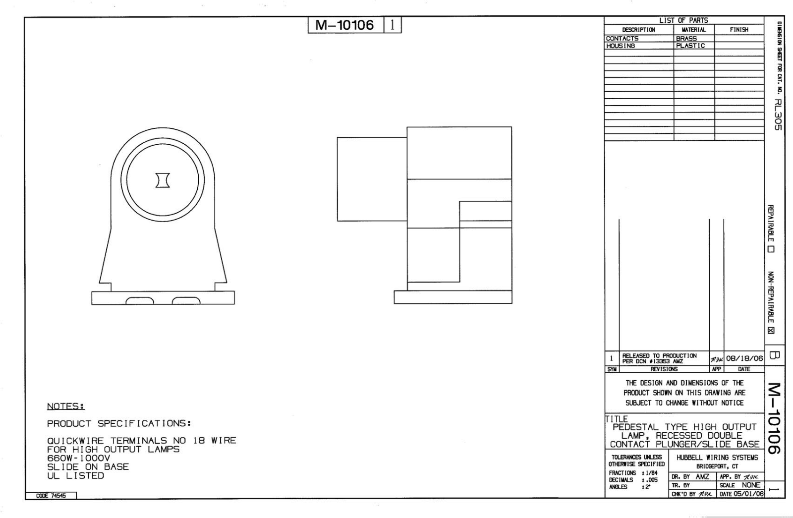 Hubbell RL305 Reference Drawing