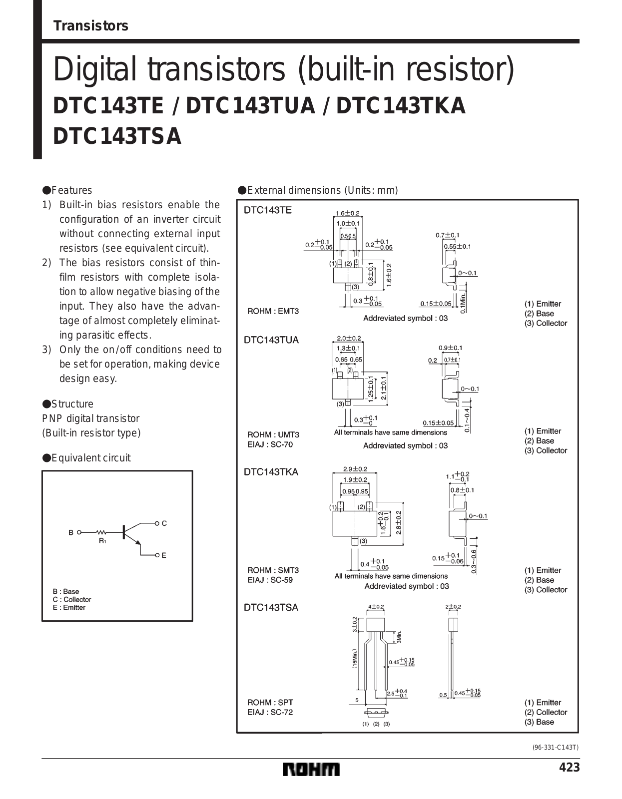 ROHM DTC143TUA, DTC143TSA, DTC143TKA, DTC143TE Datasheet