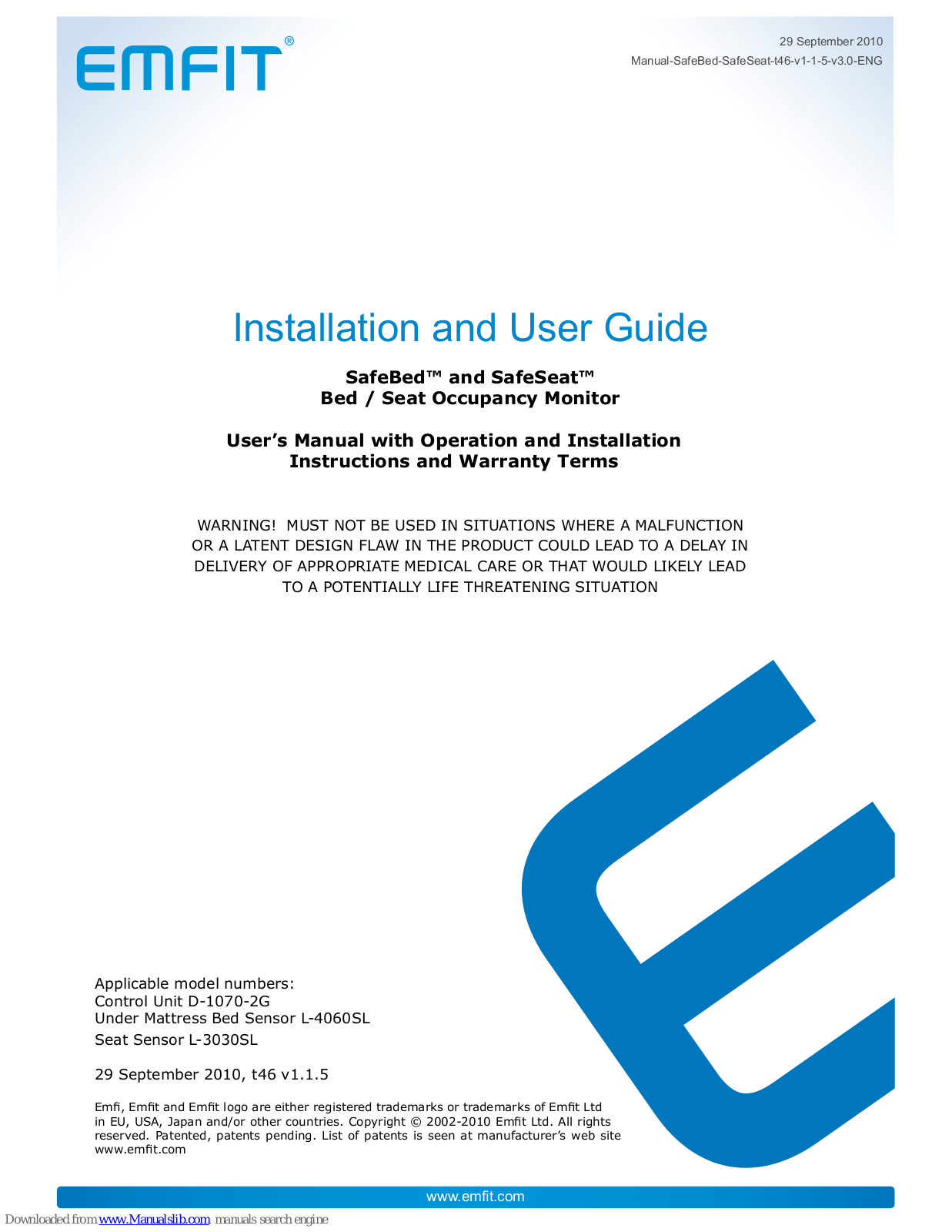 Emfit SafeBed, SafeSeat Installation And User Manual