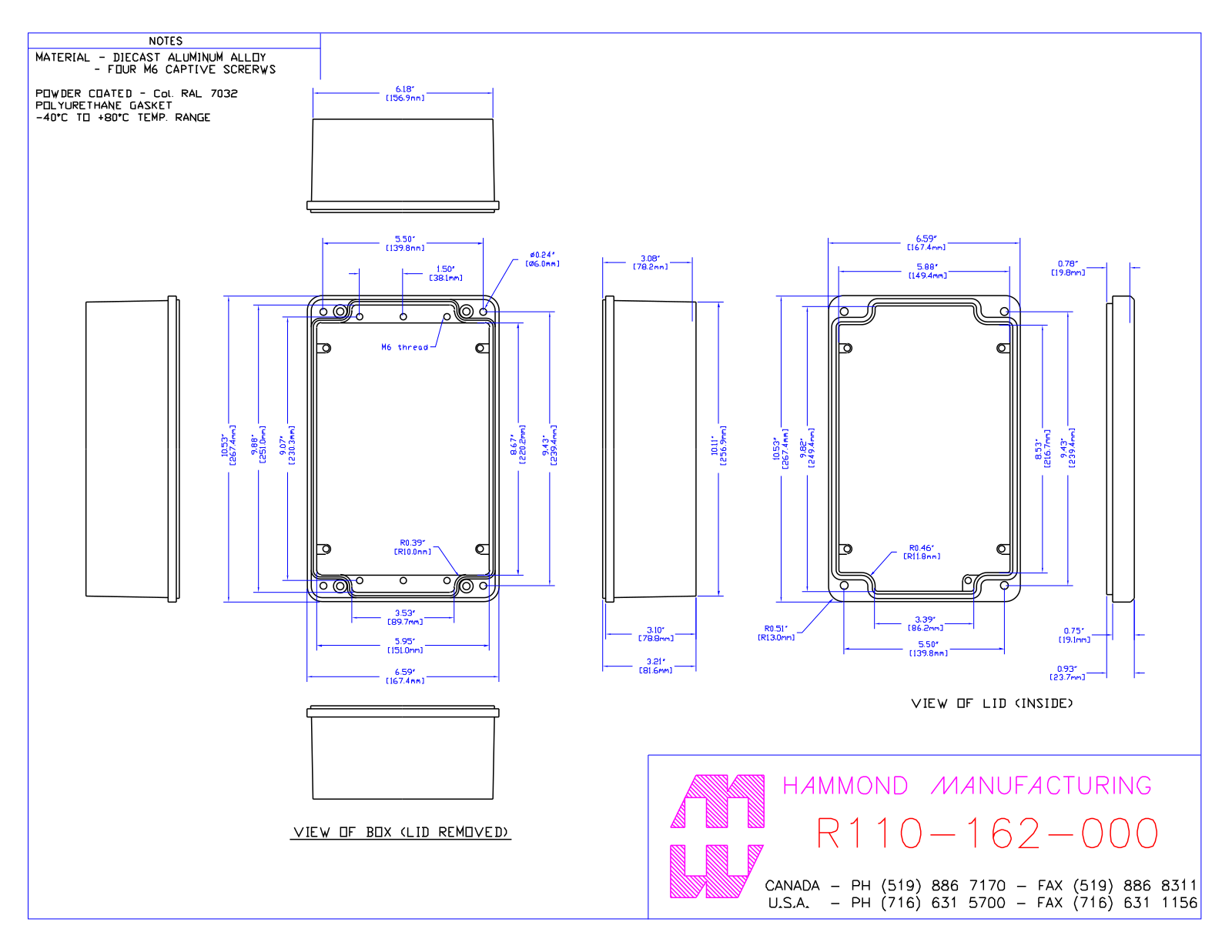 Hammond Manufacturing R110-162-000 technical drawings