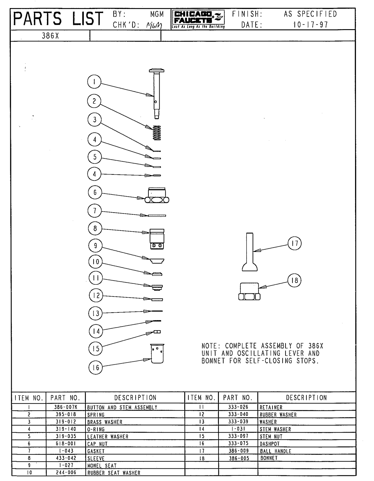 Chicago Faucet 386-XJKNF Parts List