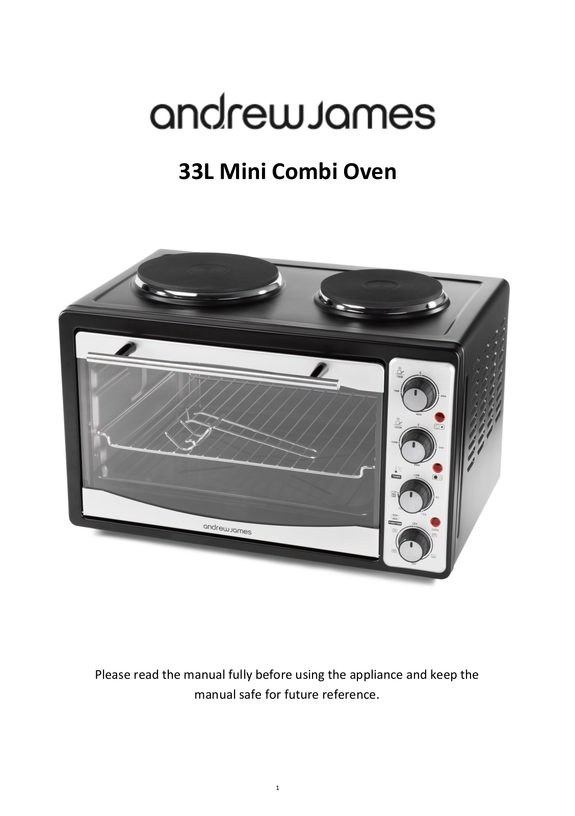 Andrew James Mini Oven with Double Hob User Manual