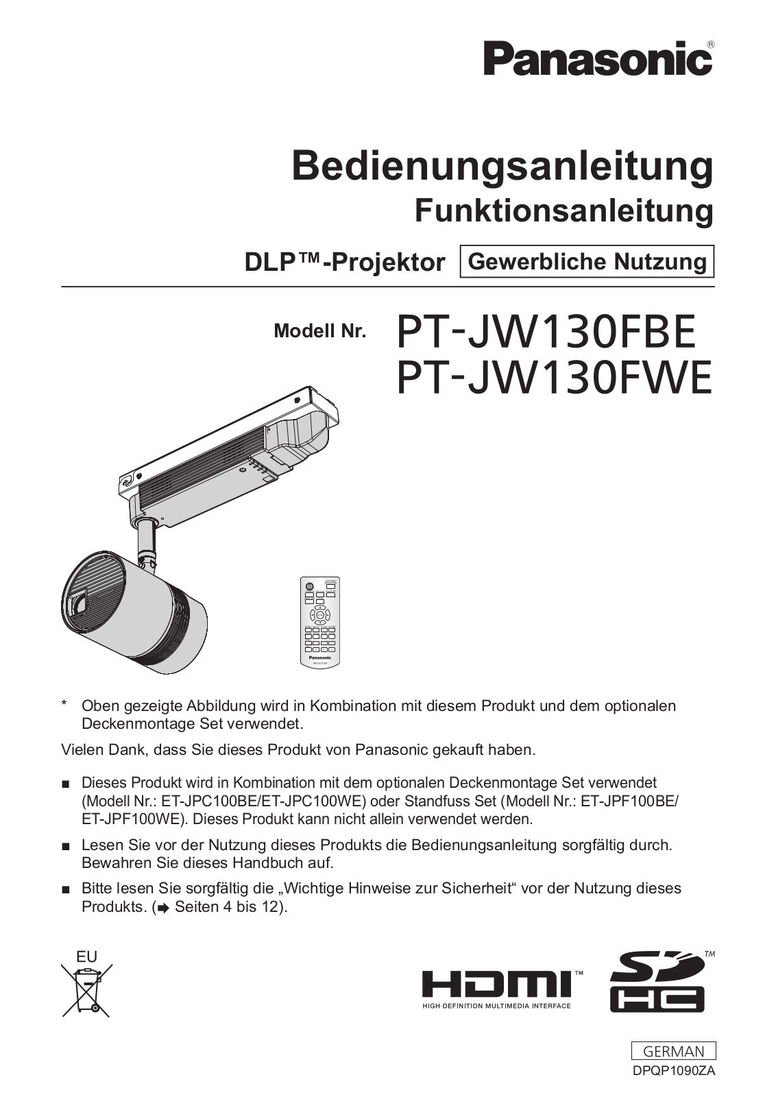 Panasonic PT-JW130FWE User Manual