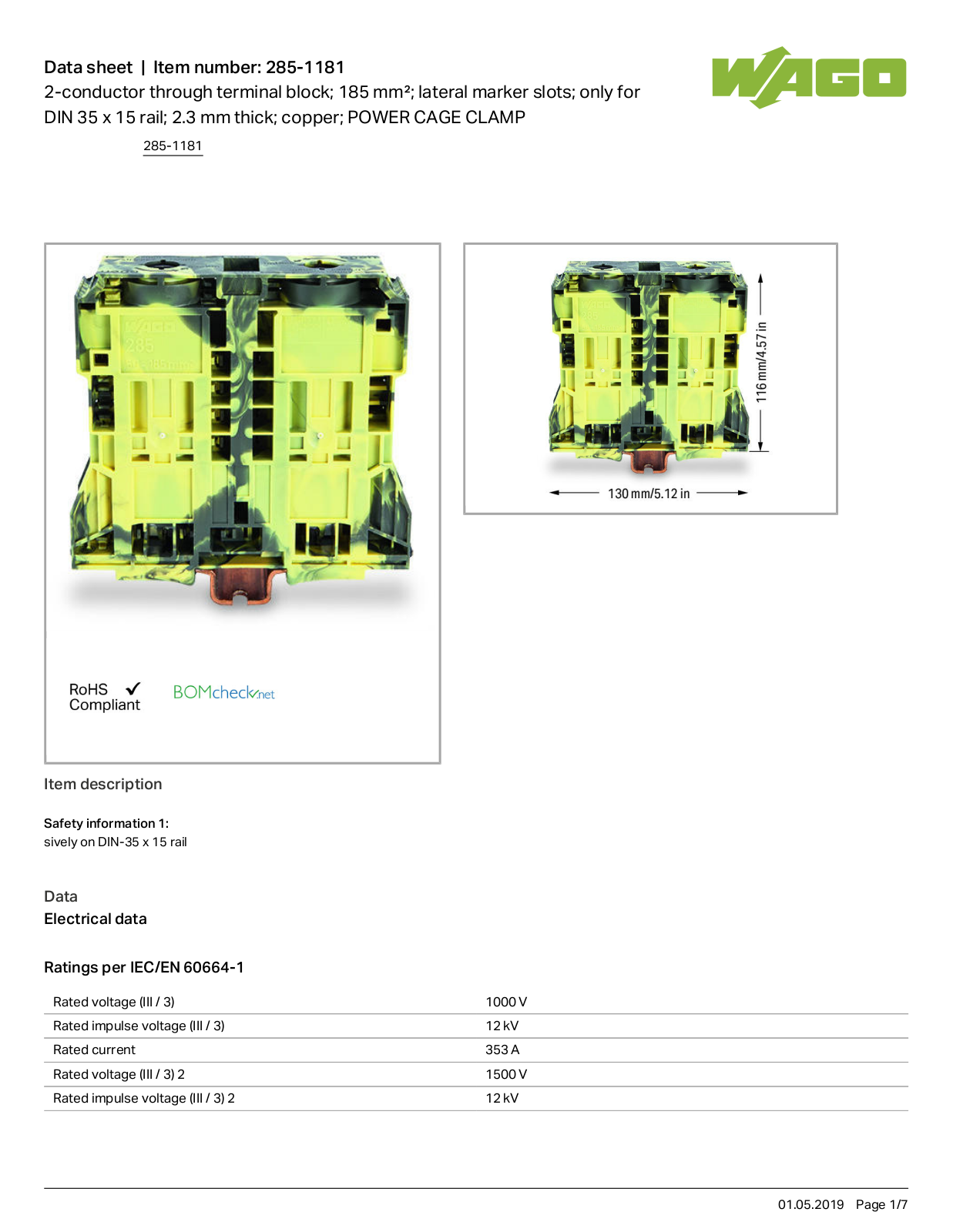 Wago 285-1181 Data Sheet