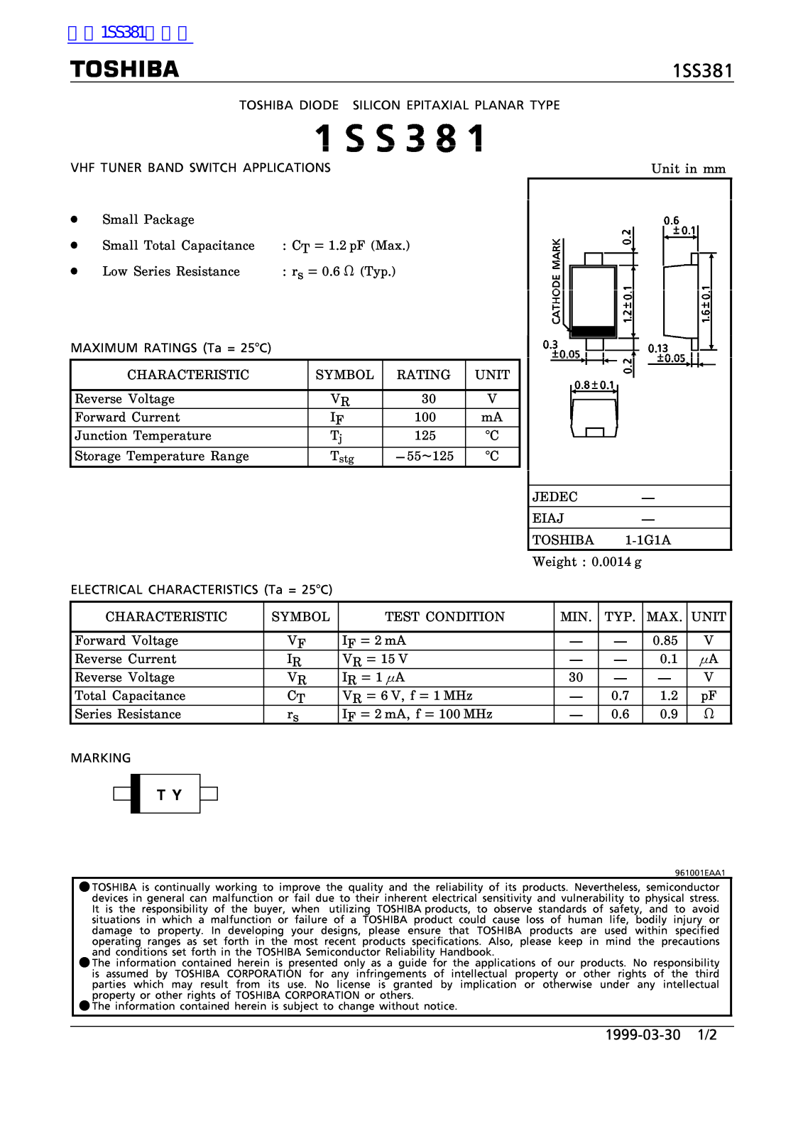 TOSHIBA 1SS381 Technical data