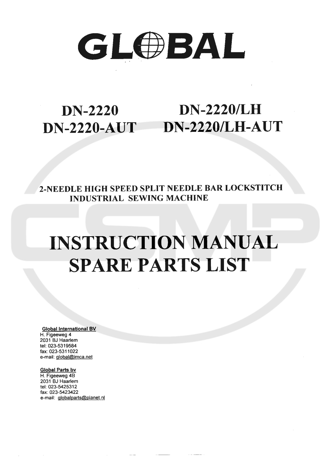 Global DN-2220, DN-2220/LH, DN-2220-AUT, DN-2220/LH-AUT Parts Book