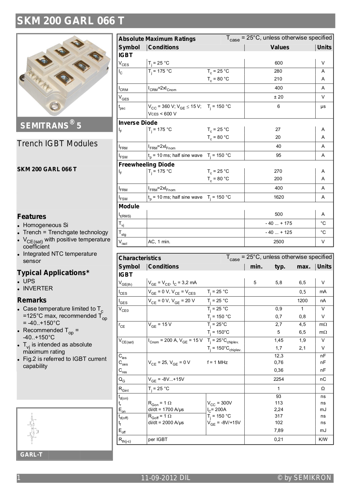 Semikron SKM200GARL066T Data Sheet