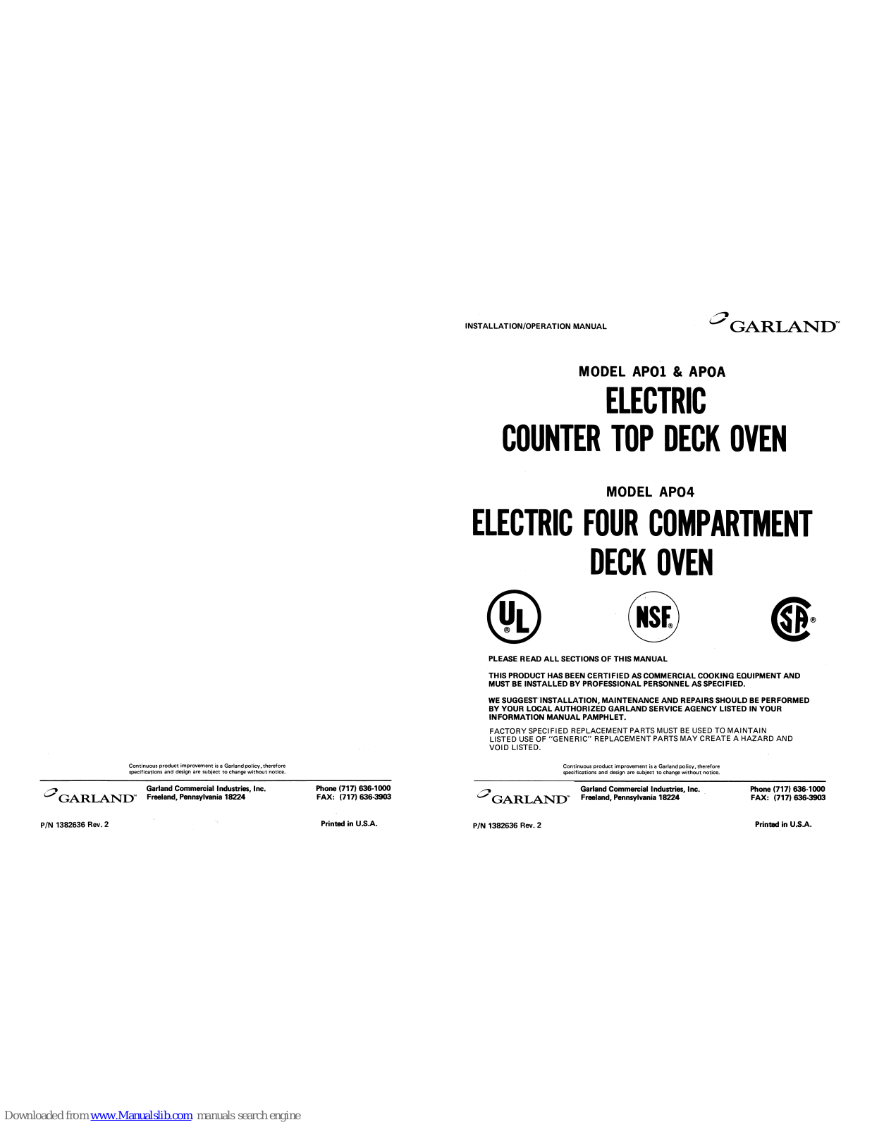 Garland AP01, AP0A, AP04 Installation & Operation Manual