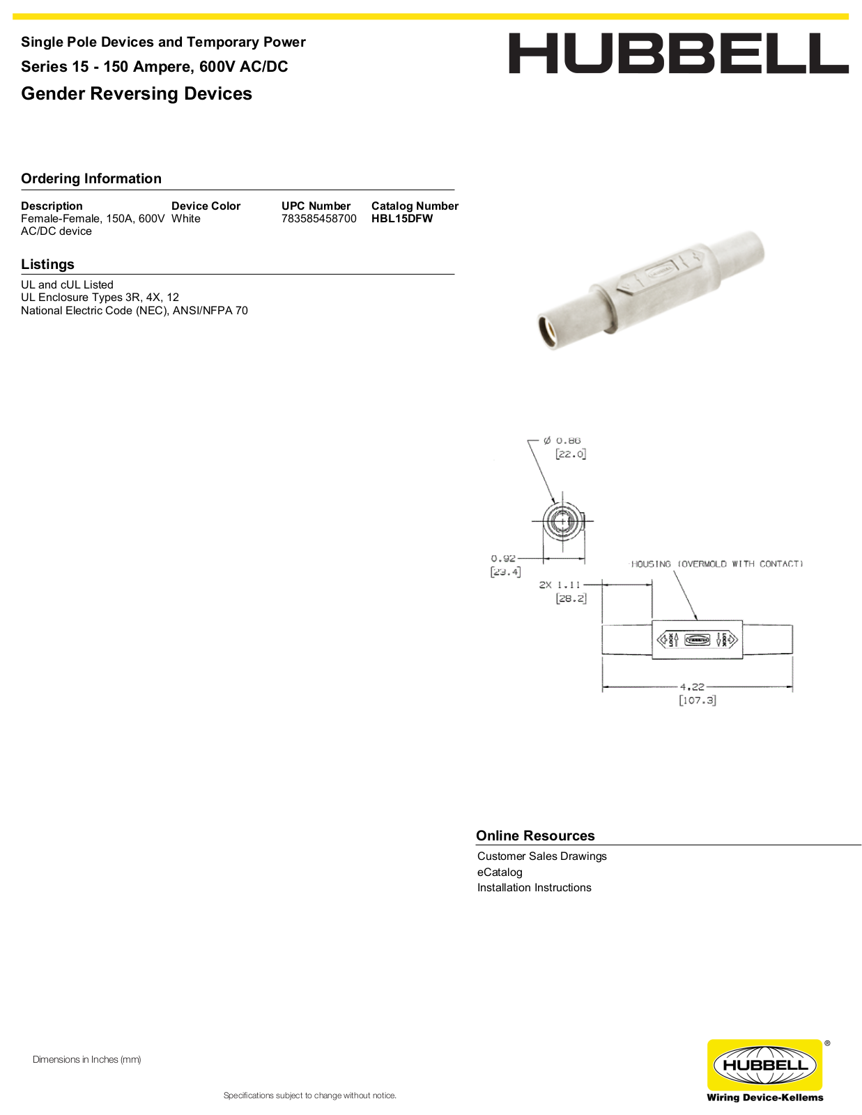 Hubbell HBL15DFW Specifications