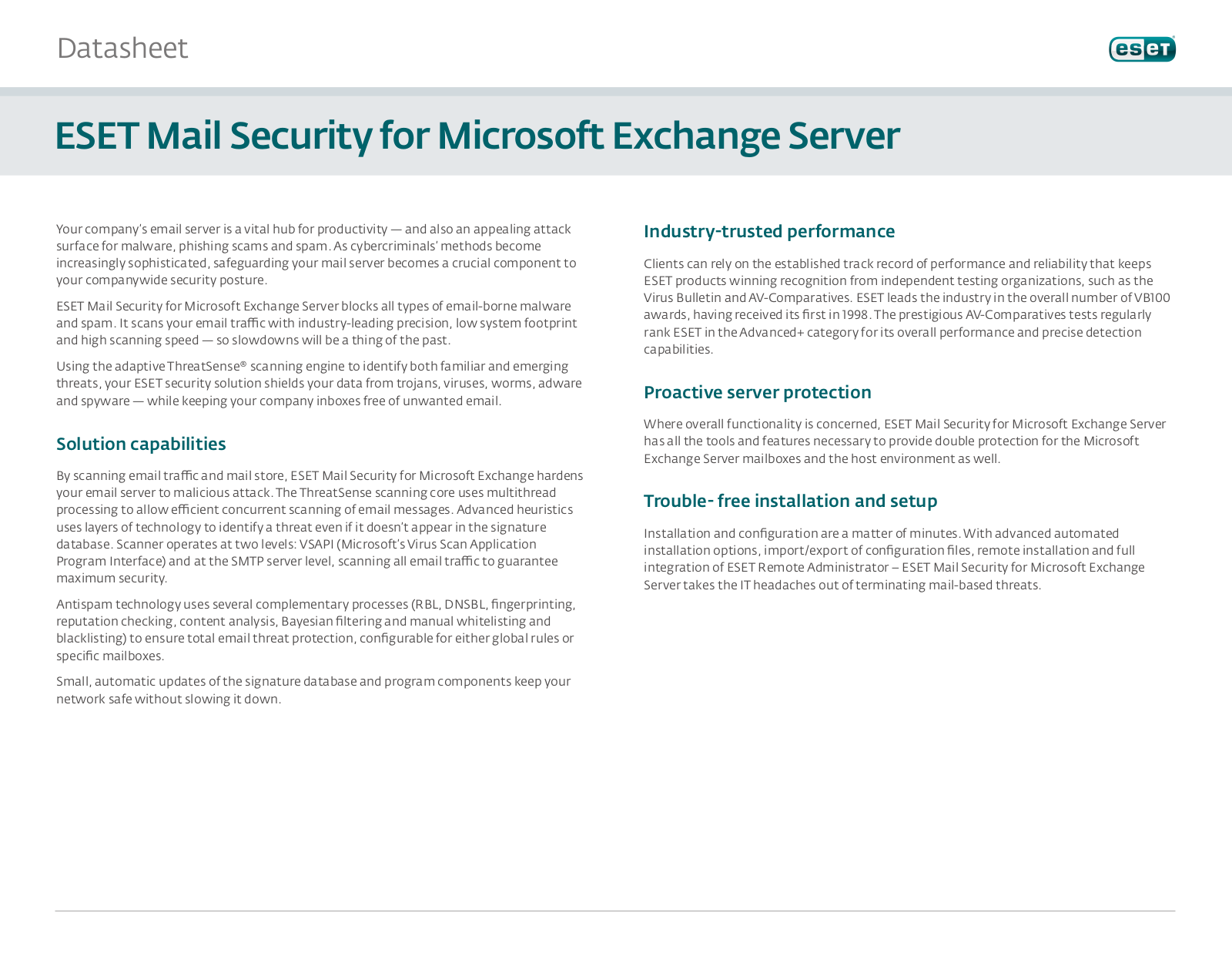 Eset Mail Security for Microsoft Exchange Server Datasheet