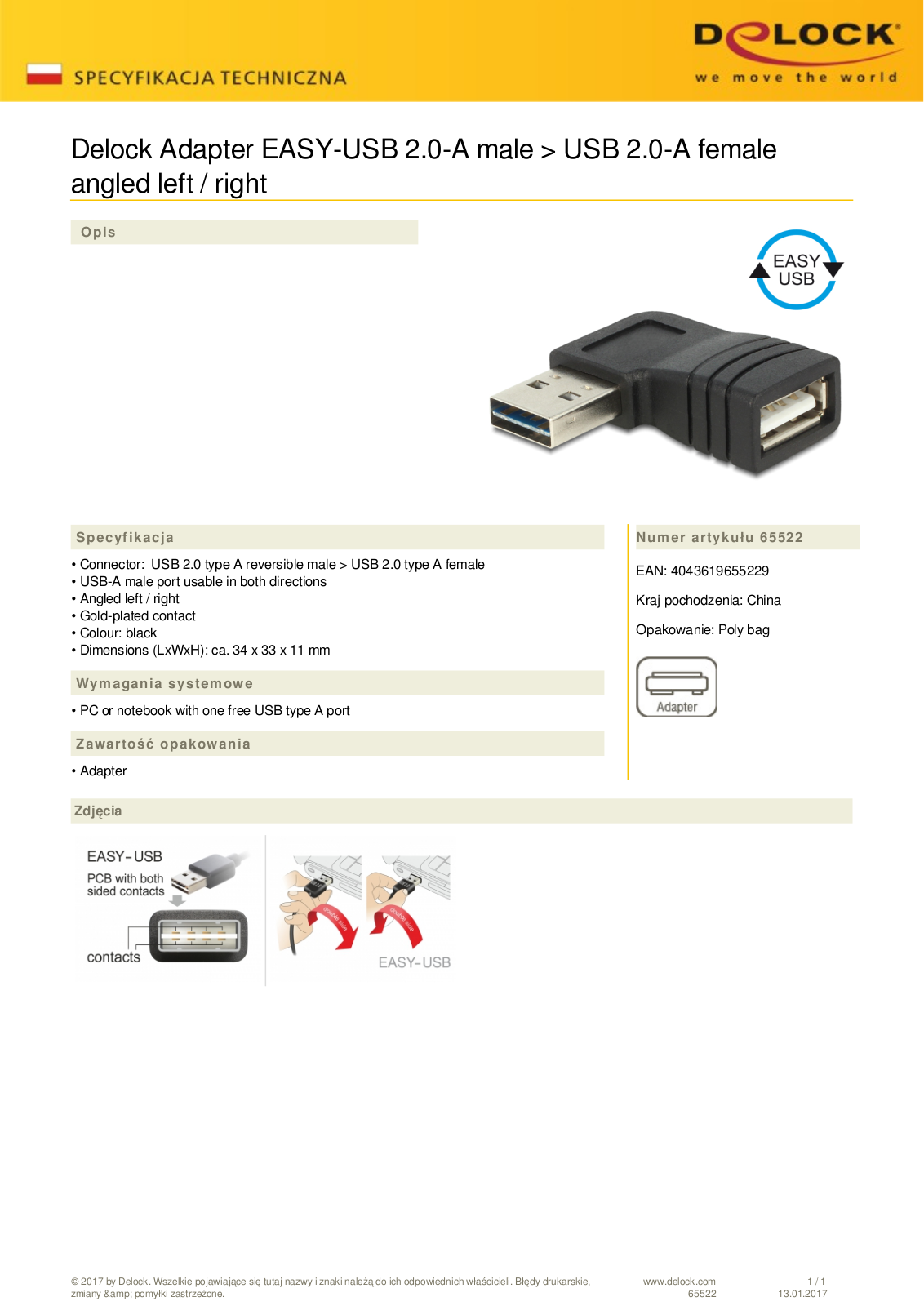 DeLOCK EASY-USB 2.0 adapter, USB-A  plug  to USB-A  socket , vertical angled 90° User Manual